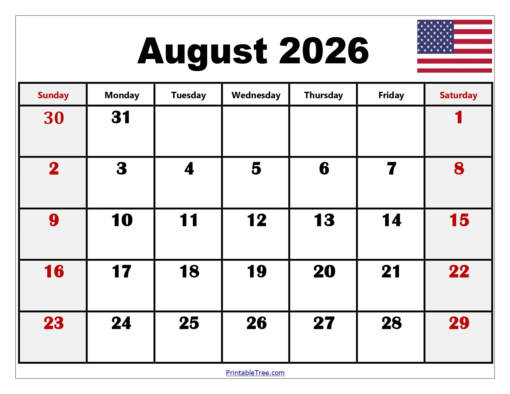 August Printable Blank Calendar 2026