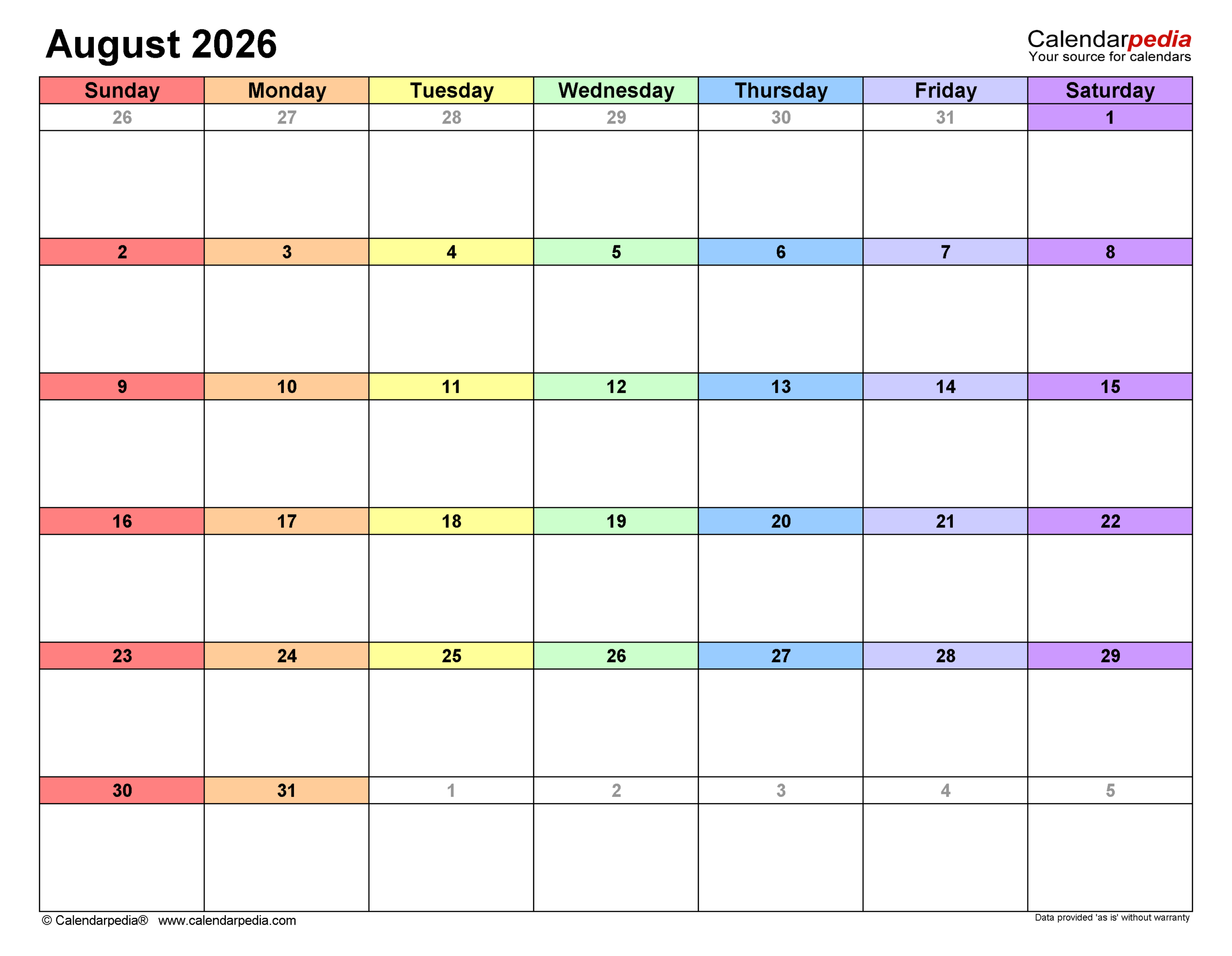 August Through December 2026 Calendar Printable
