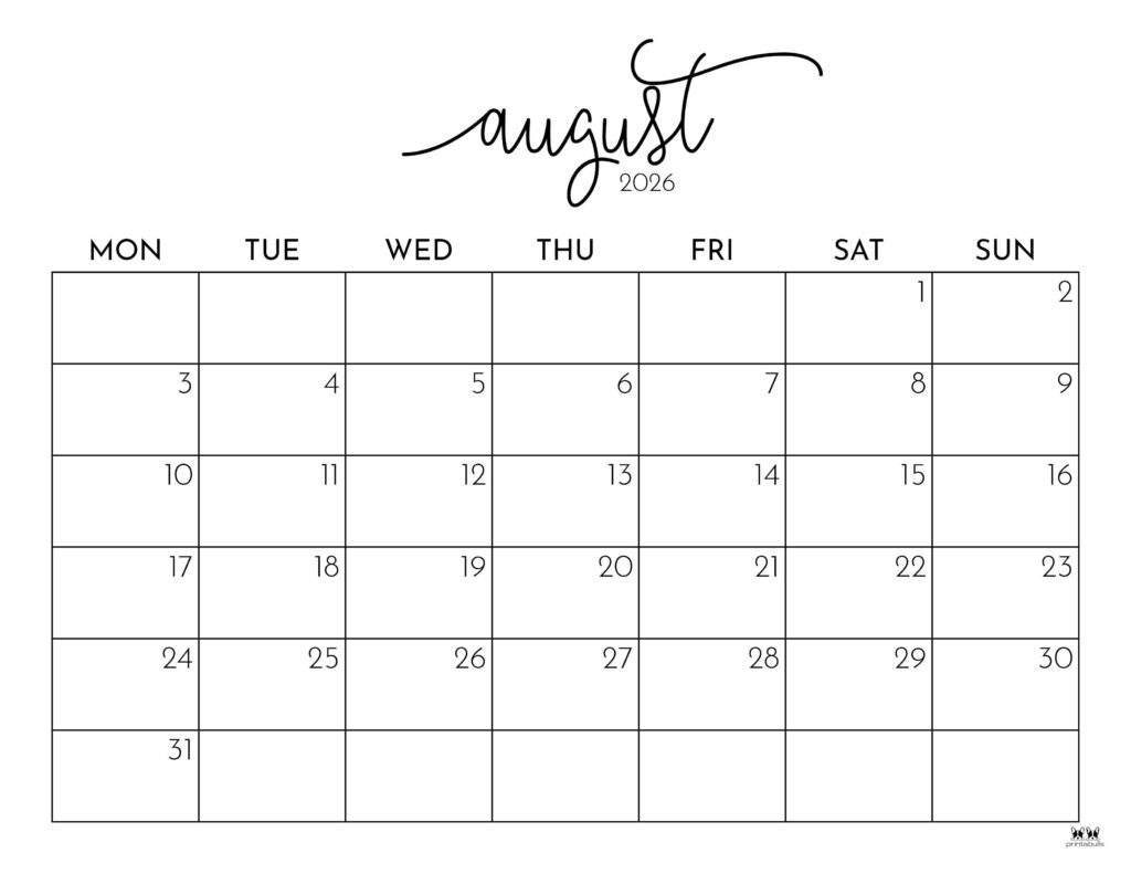 Printable August Blank Calendar 2026