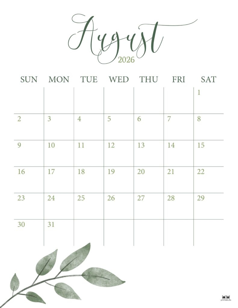 August 2026 Calendars 123 FREE Printables Printabulls