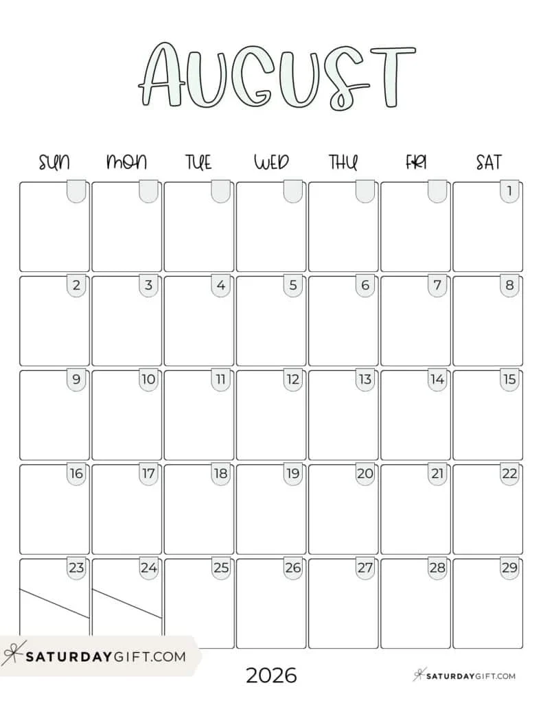 Blank Printable August 2026 Calendar