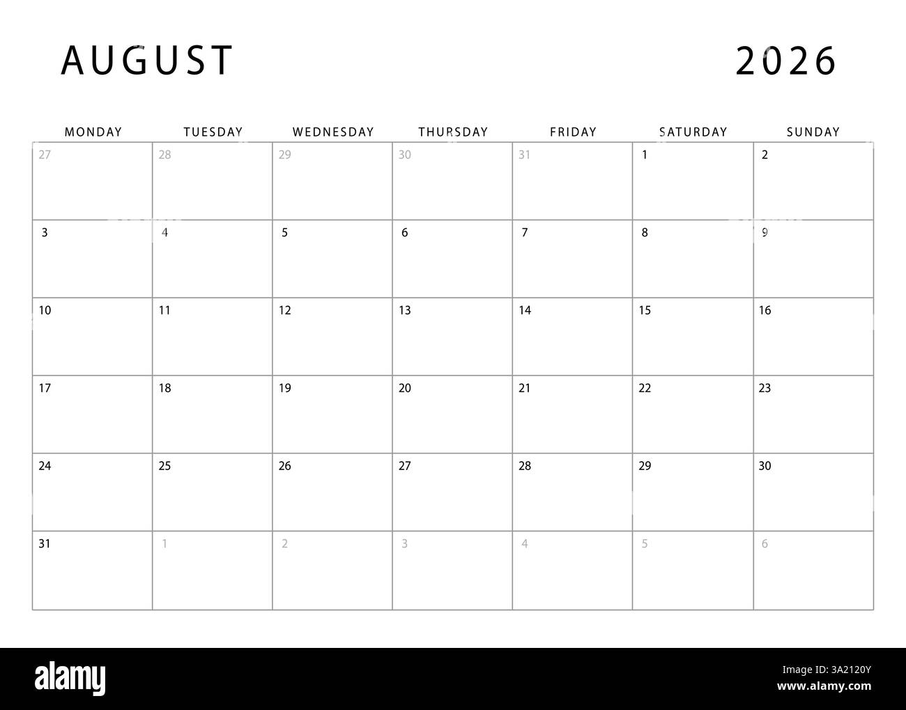 Blank August Calendar 2026