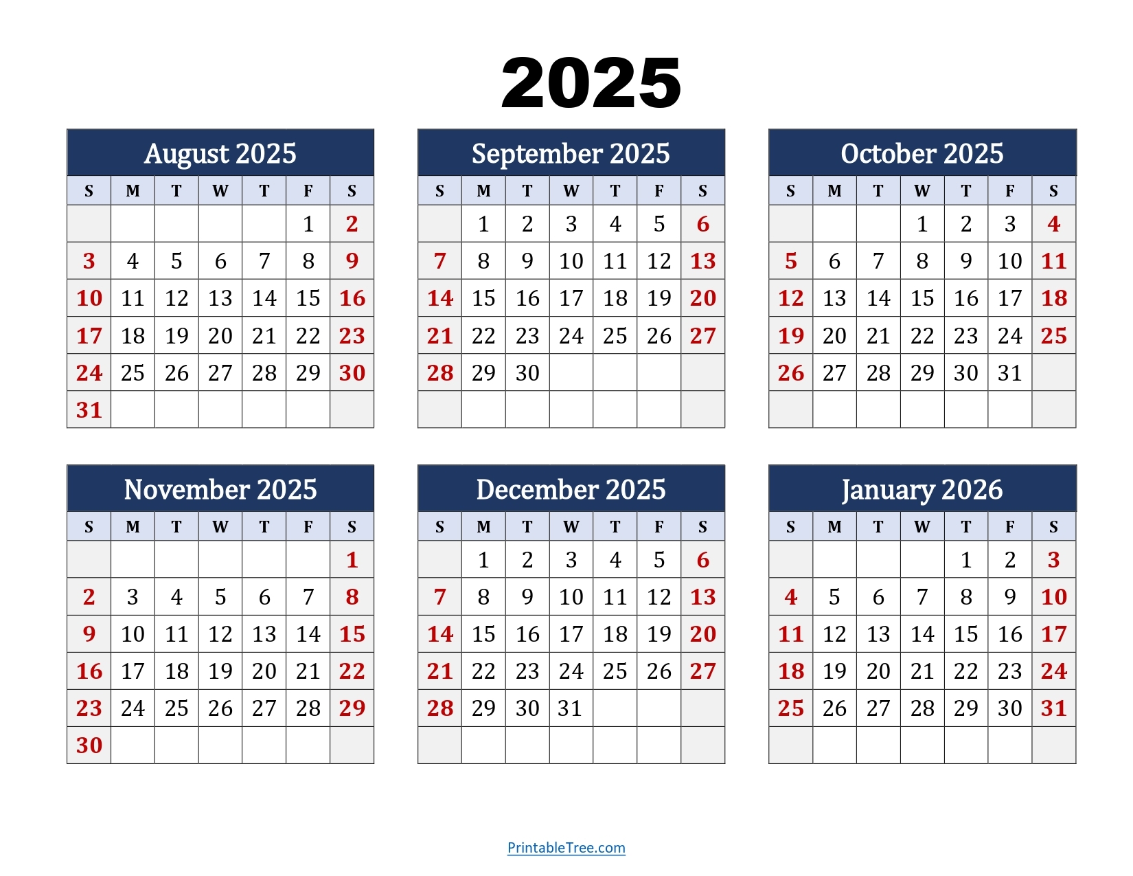 August To January 2026 Calendar Printable PDF Six Months Calendar