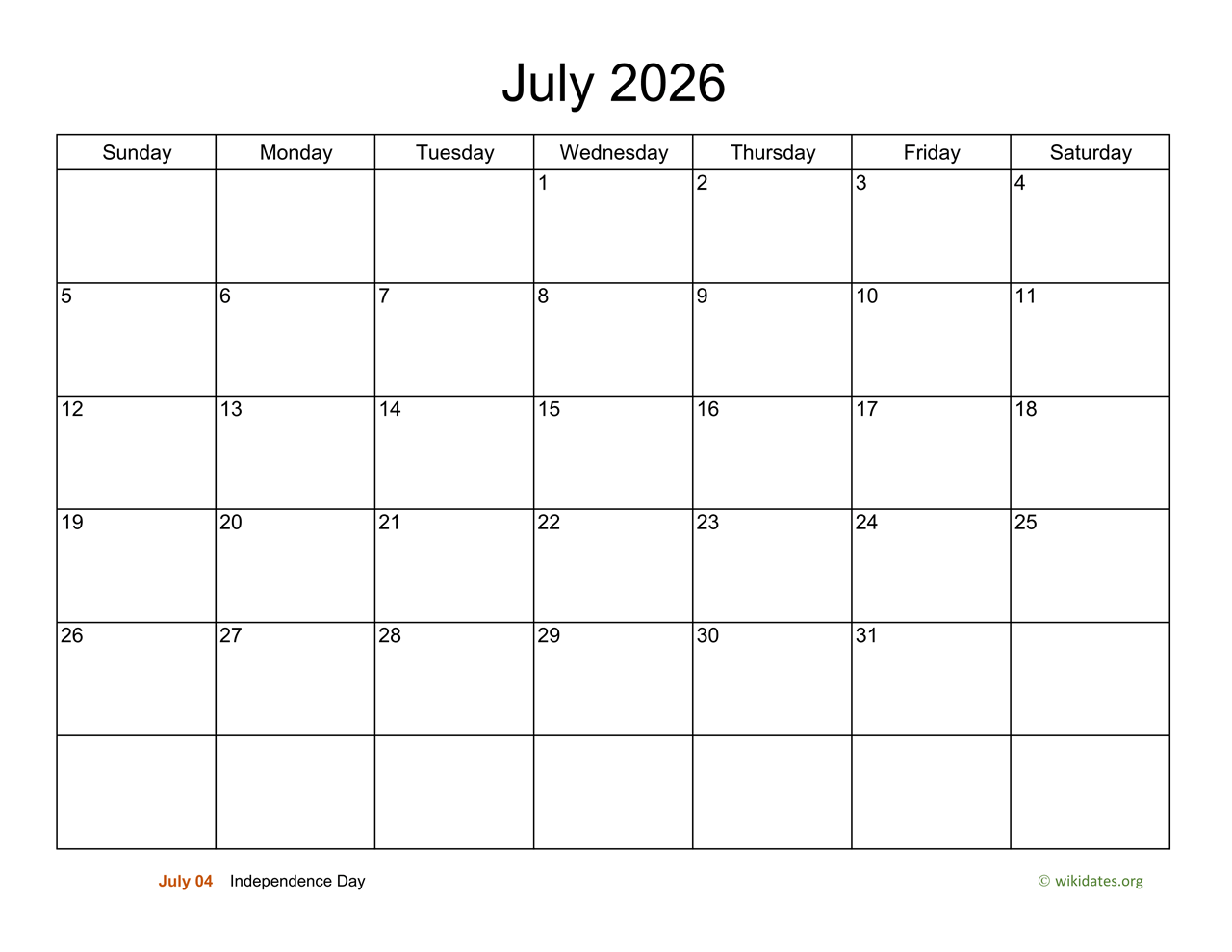 Basic Calendar For July 2026 WikiDates