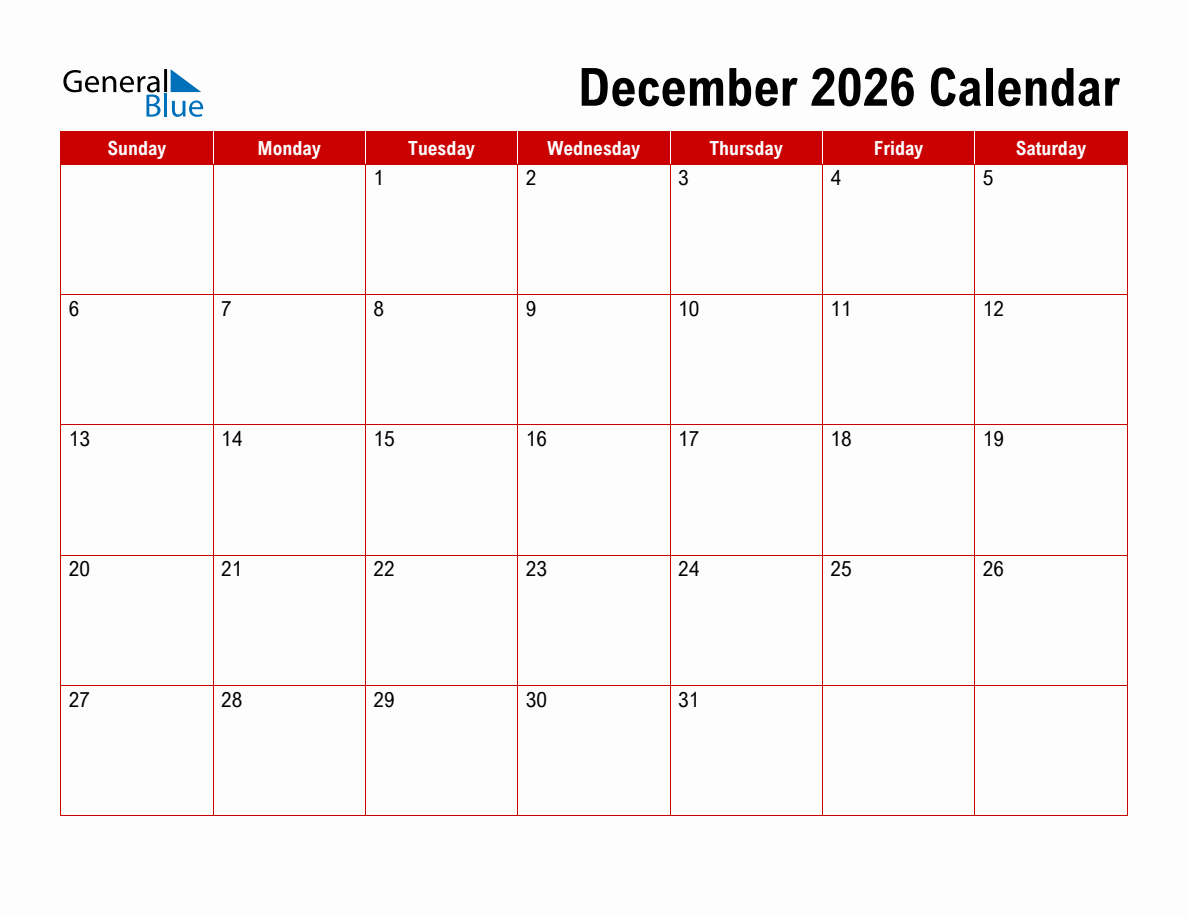 December 2026 Printable Calendar Excel