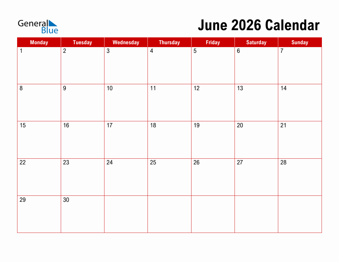 Blank Printable Calendar Start Monday 2026