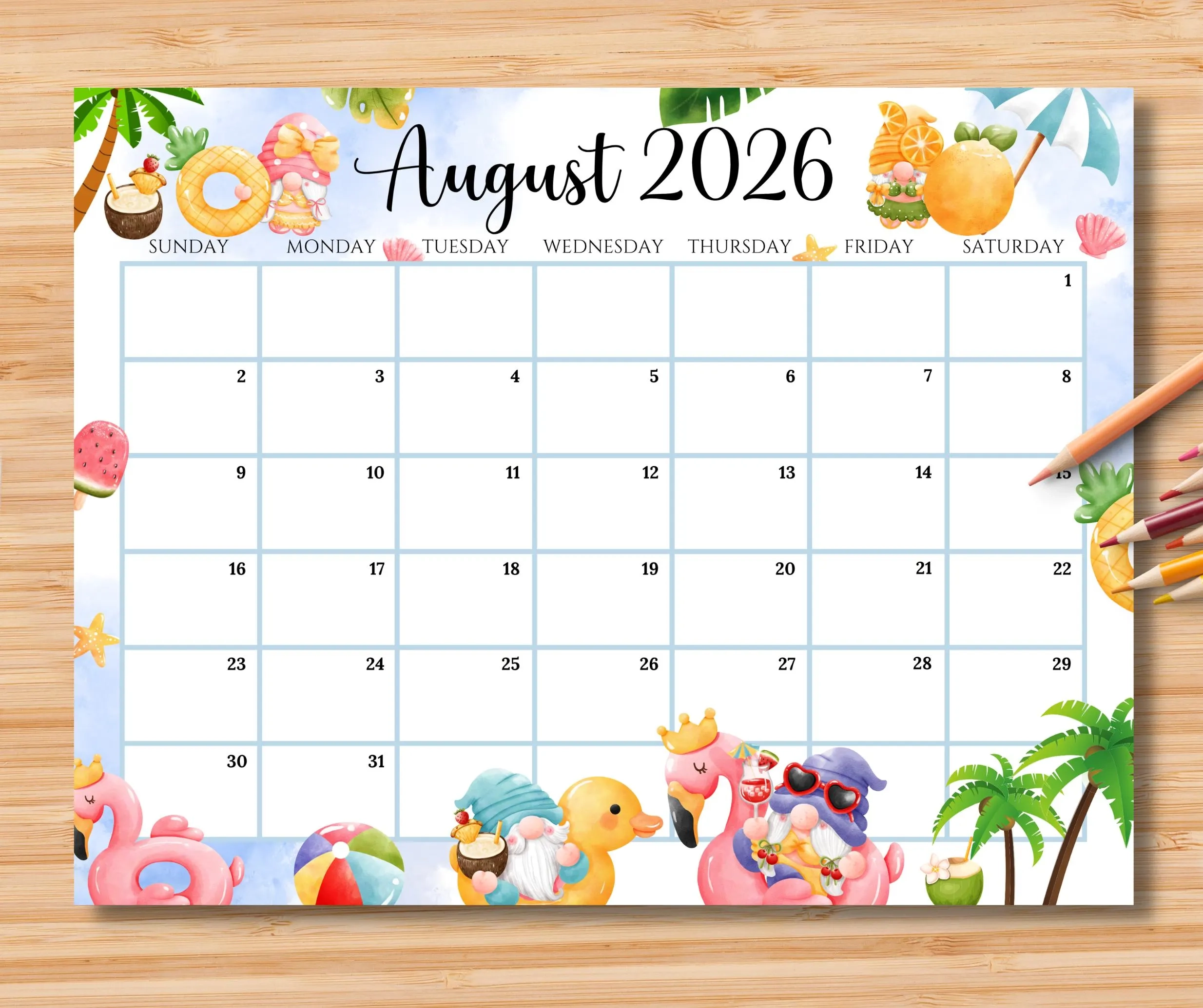Bearbeitbarer Kalender August 2026 Druckbarer Monatsplaner PDF 