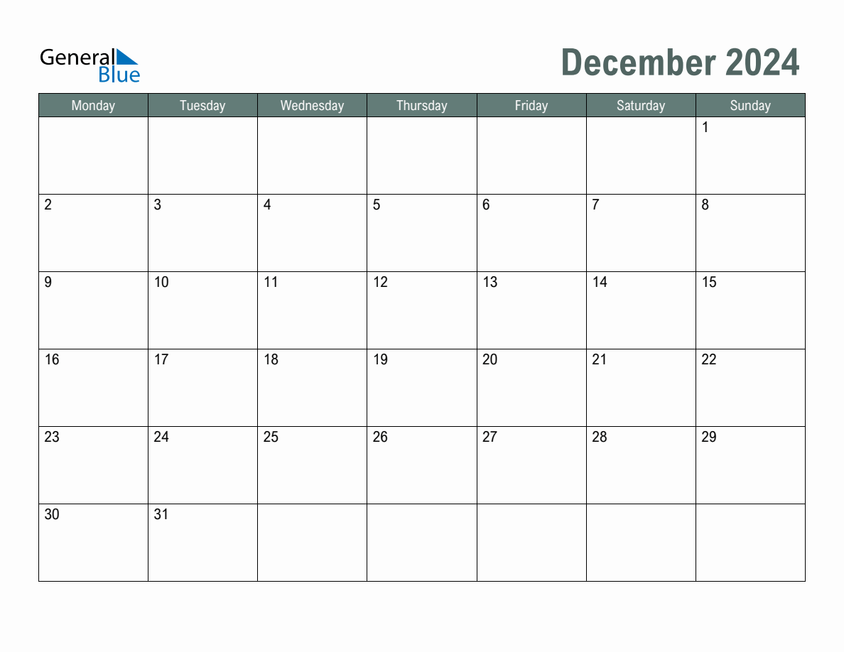 Blank December 2024 Monthly Calendar Template Monday Start