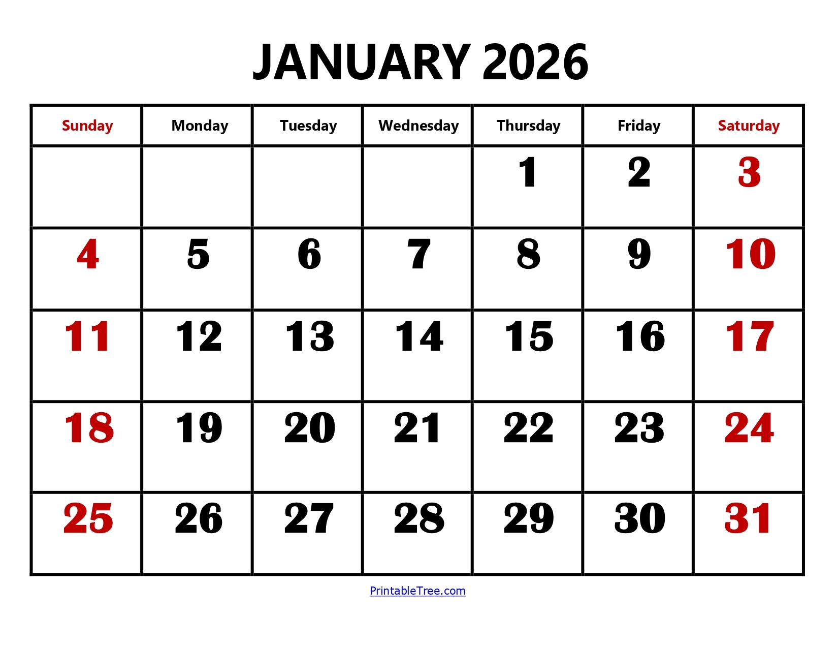 Blank January 2026 Calendar