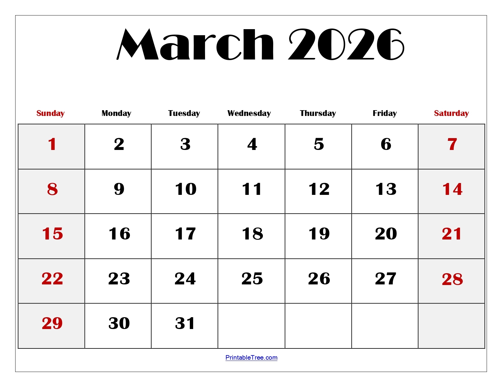 Blank Calendar Template March 2026