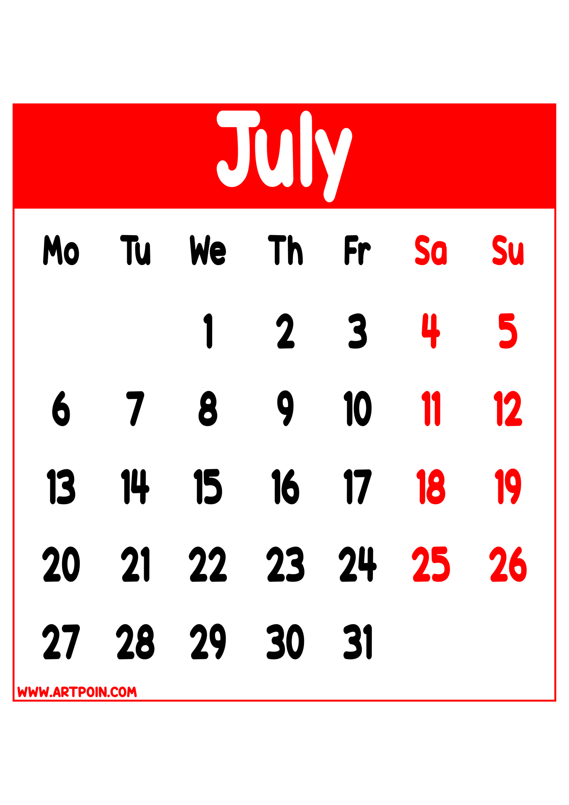 Calendar 2026 July Months Red Details Transparent Background For 