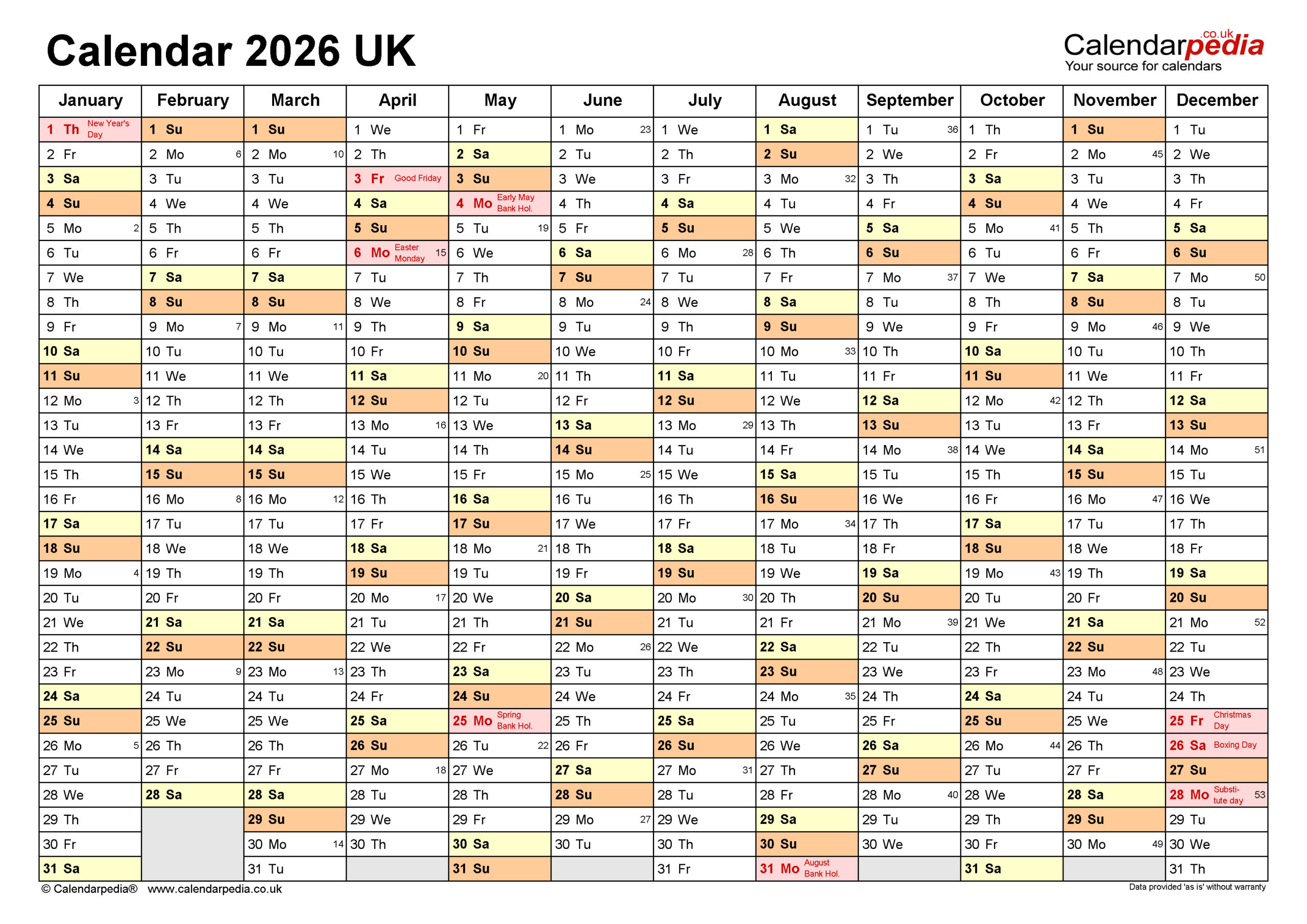Calendar 2026 UK Free Printable PDF Templates