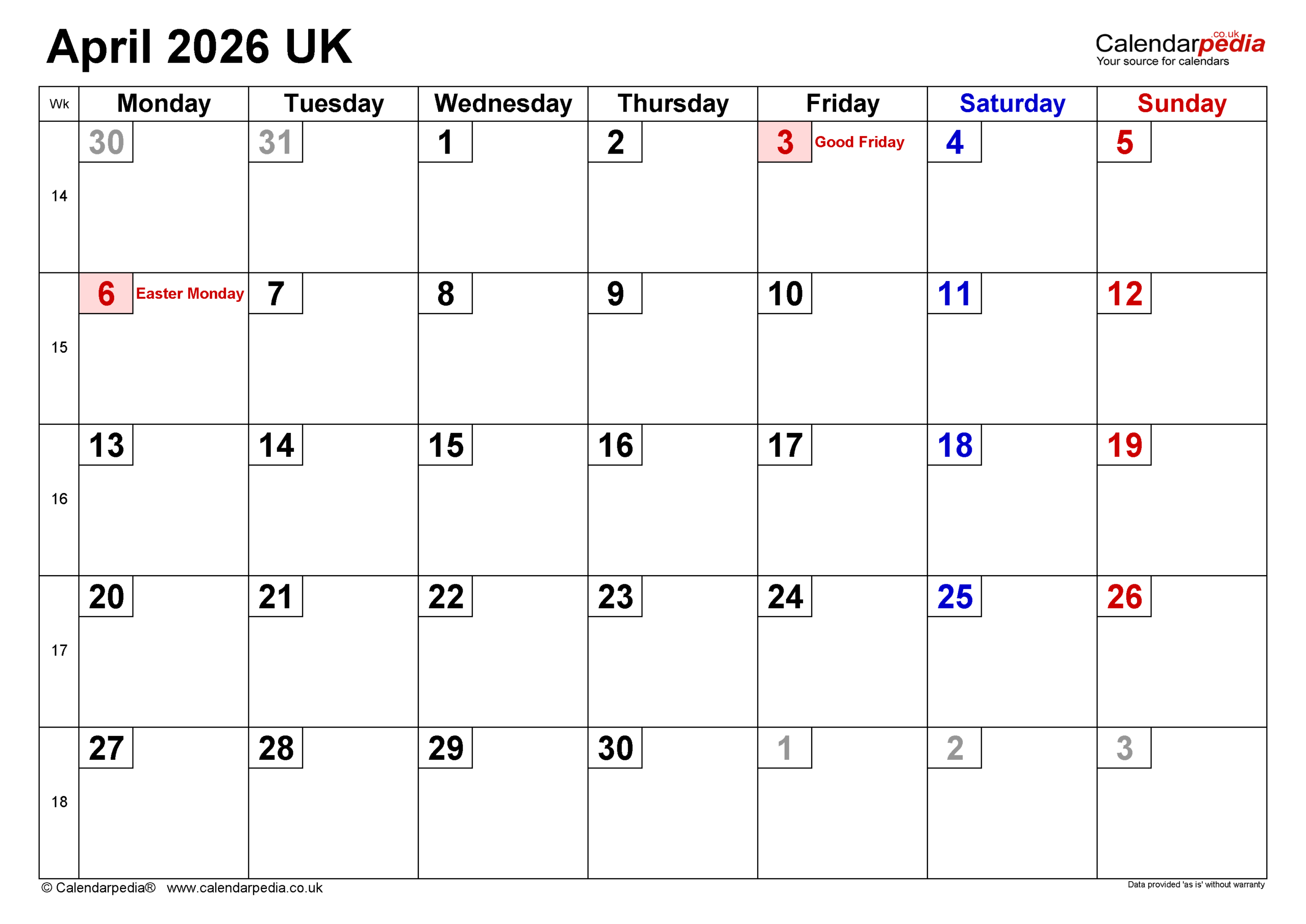 April 2026 Blank Printable Calendar