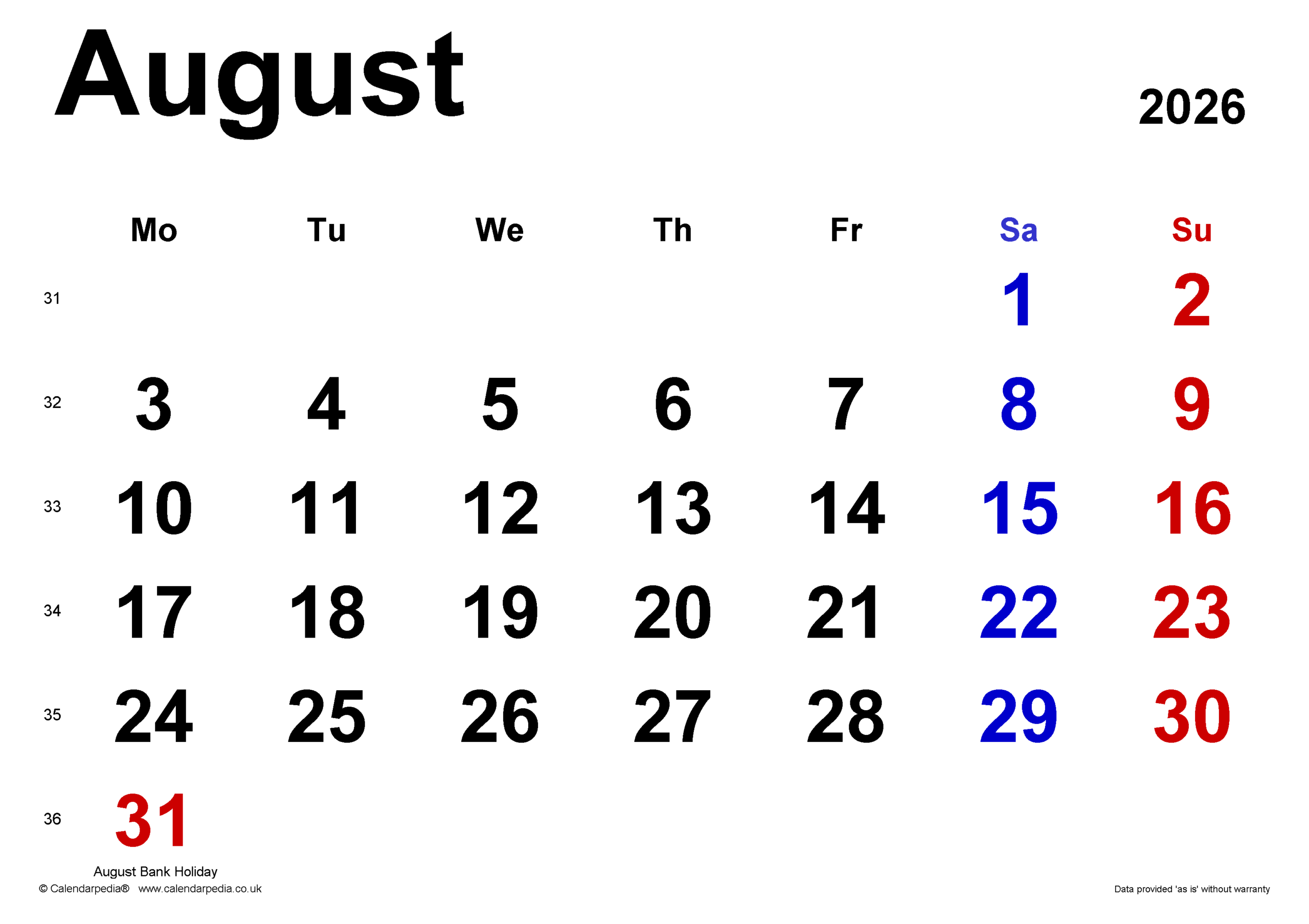 Calendar August 2026 UK With PDF Excel And Word Templates