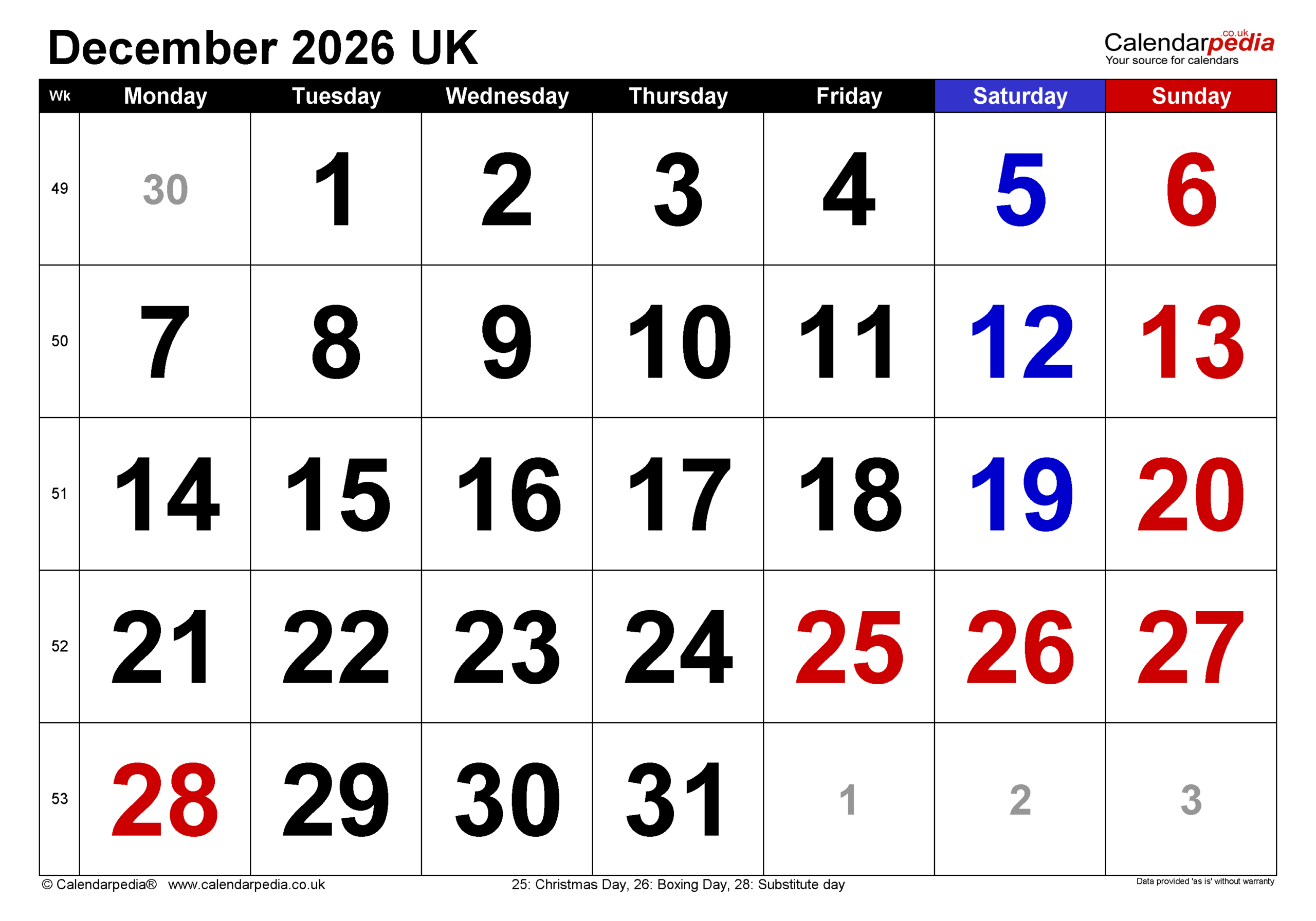 Blank December 2026 Calendar