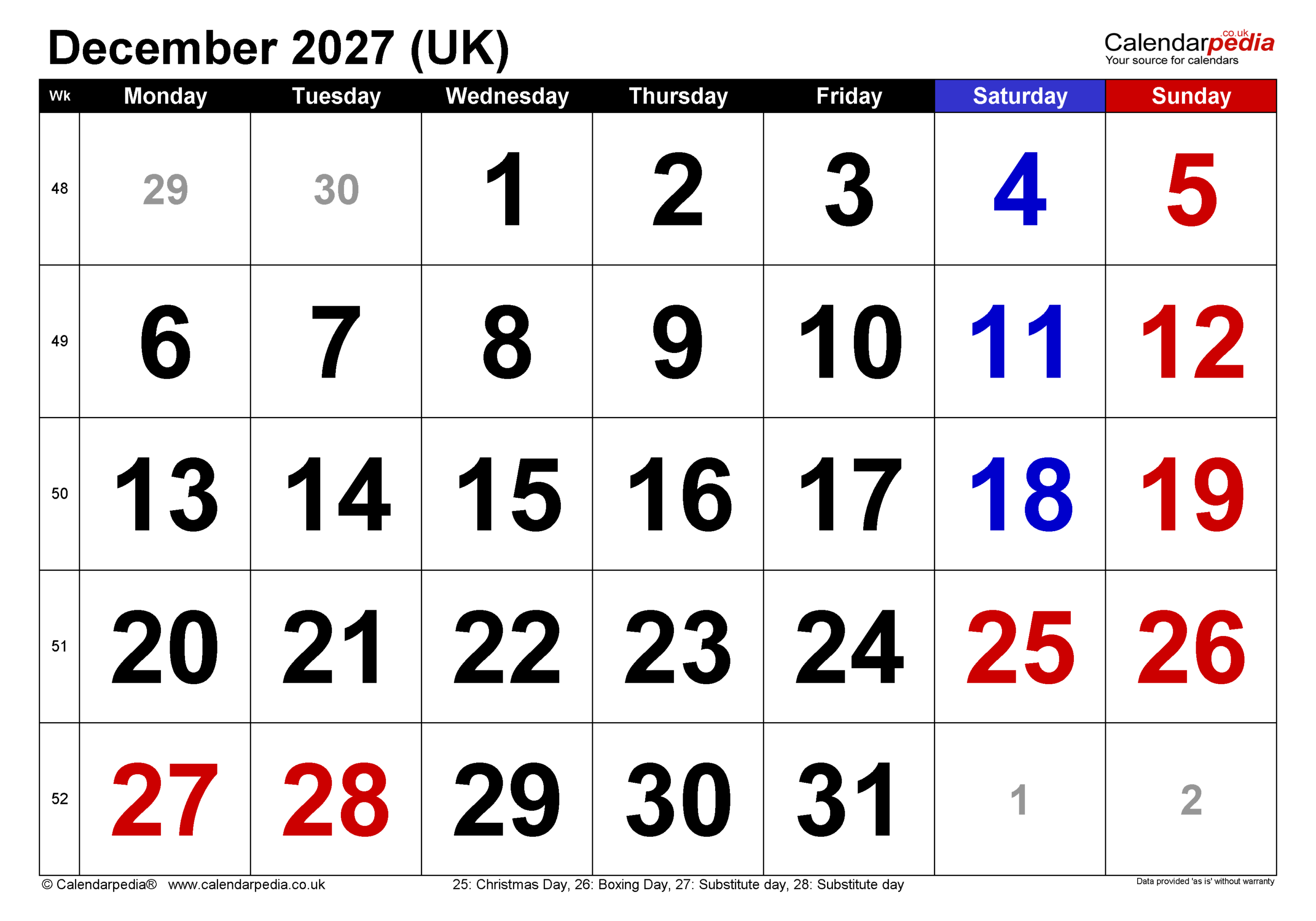 Calendar December 2027 UK With PDF Excel And Word Templates