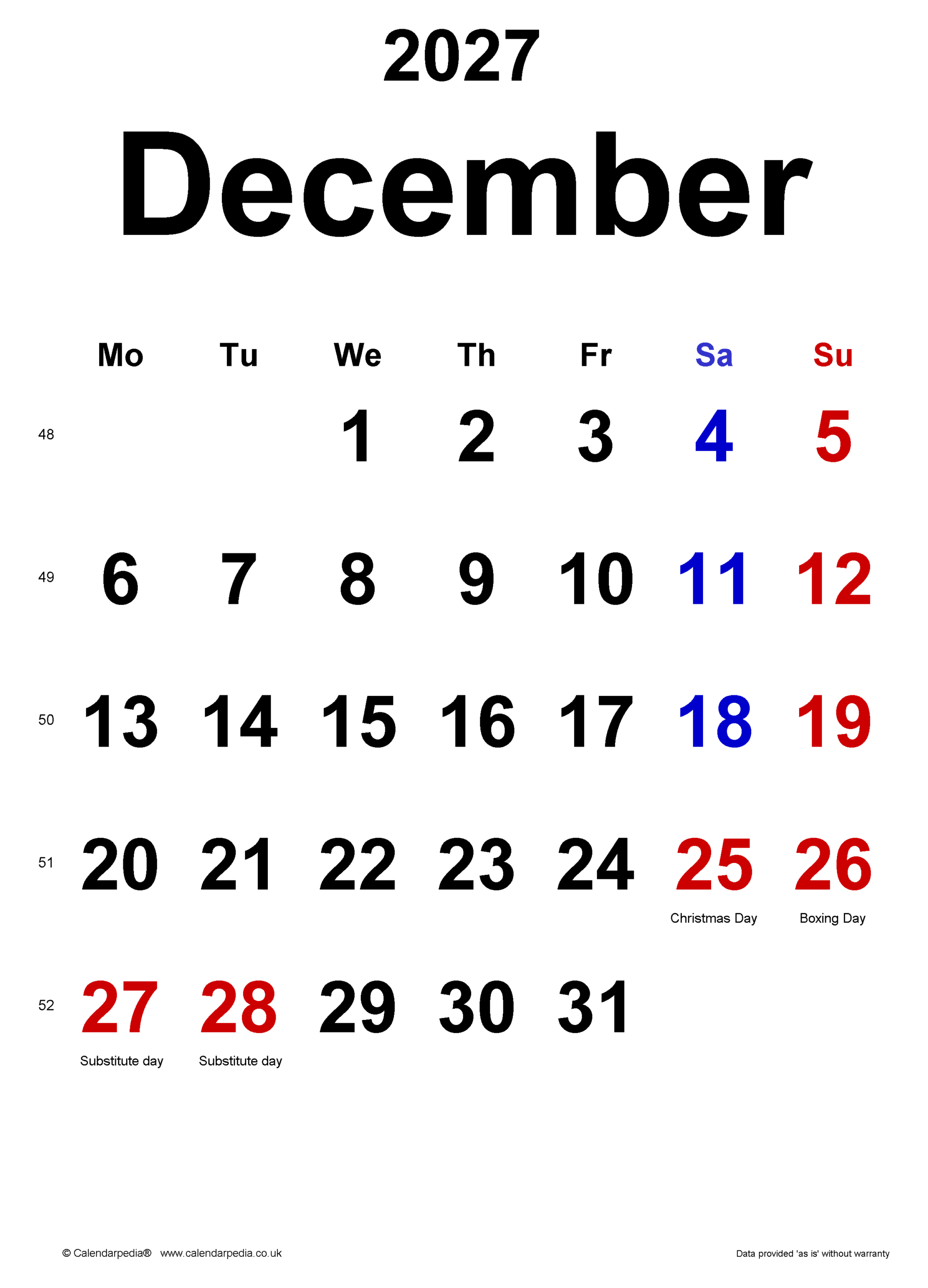 Calendar December 2027 UK With PDF Excel And Word Templates
