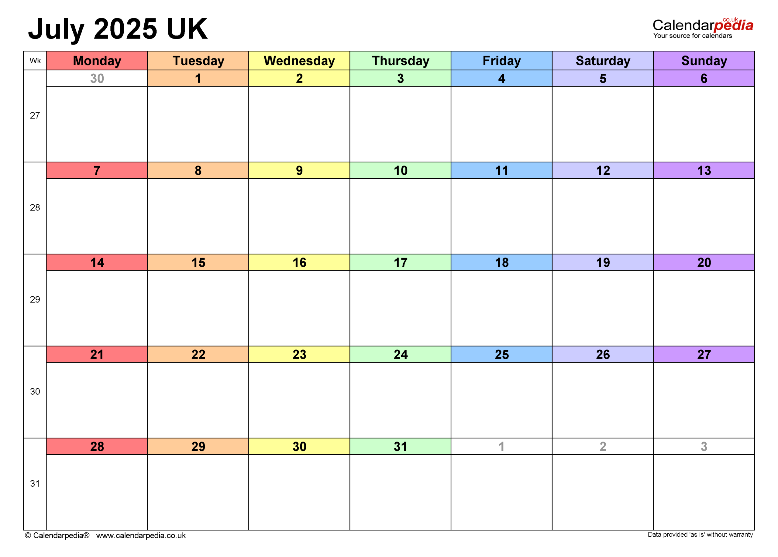 Calendar July 2025 UK With PDF Excel And Word Templates