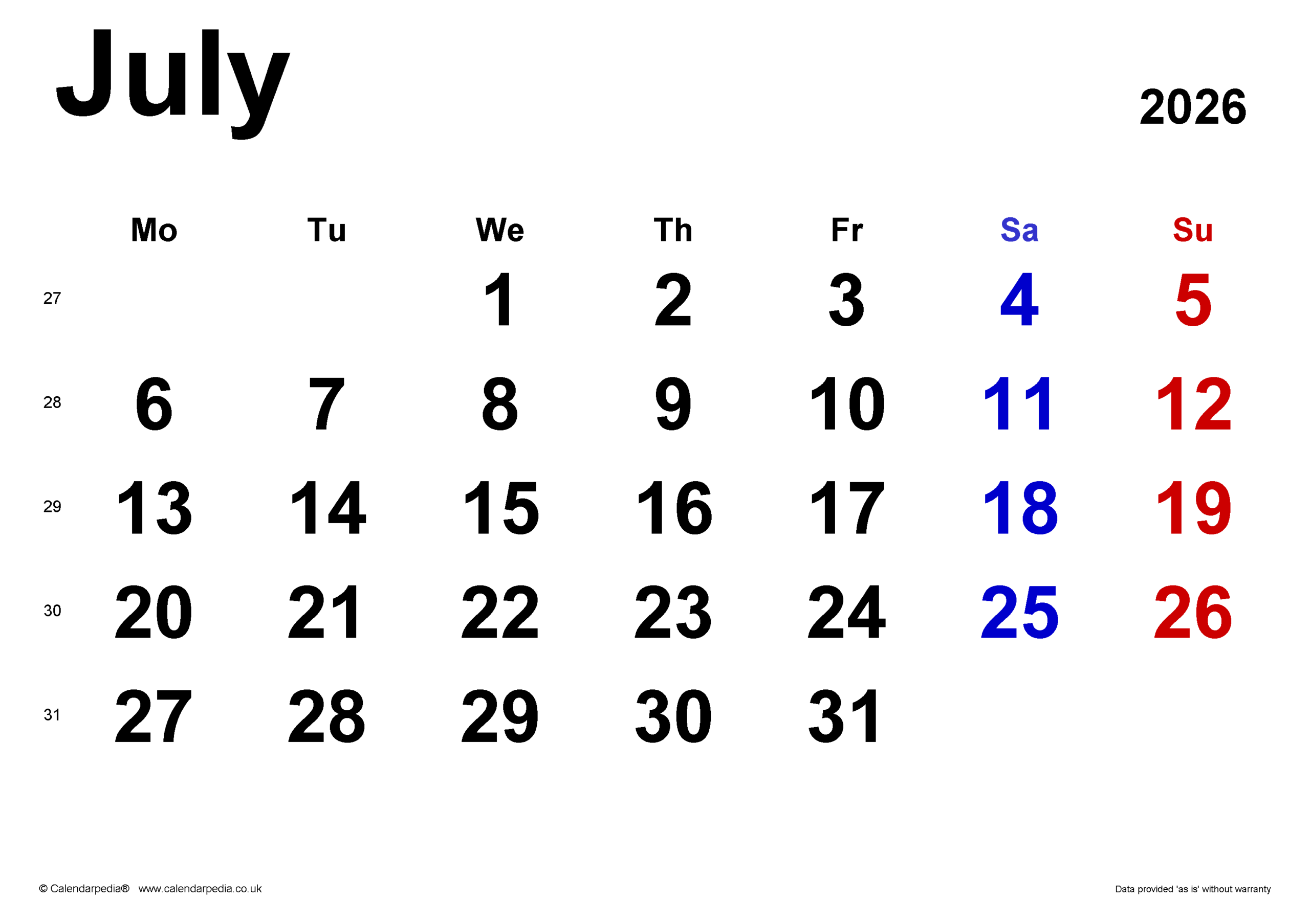Month Of July 2026 Calendar