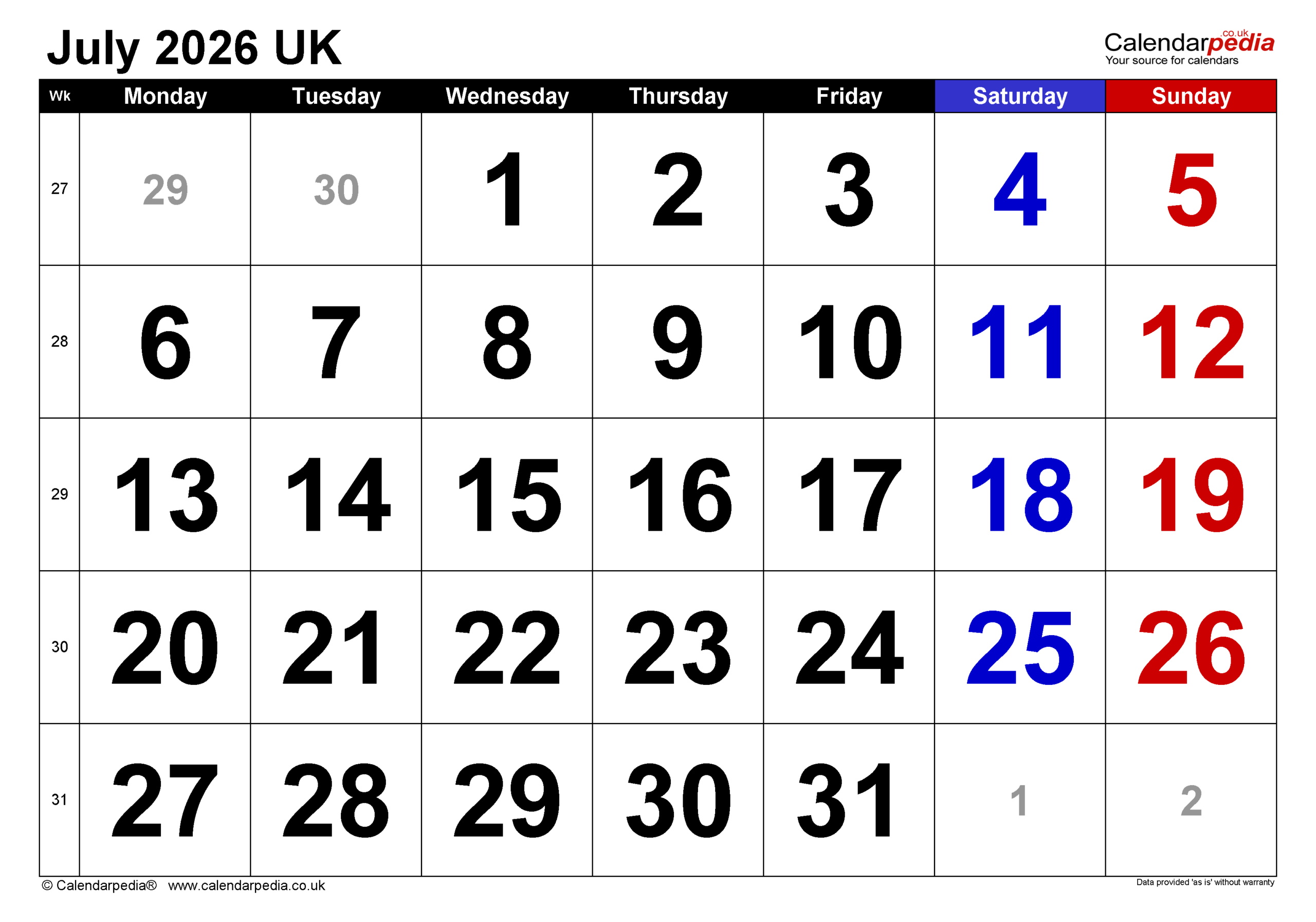 Calendar July 2026 UK With PDF Excel And Word Templates