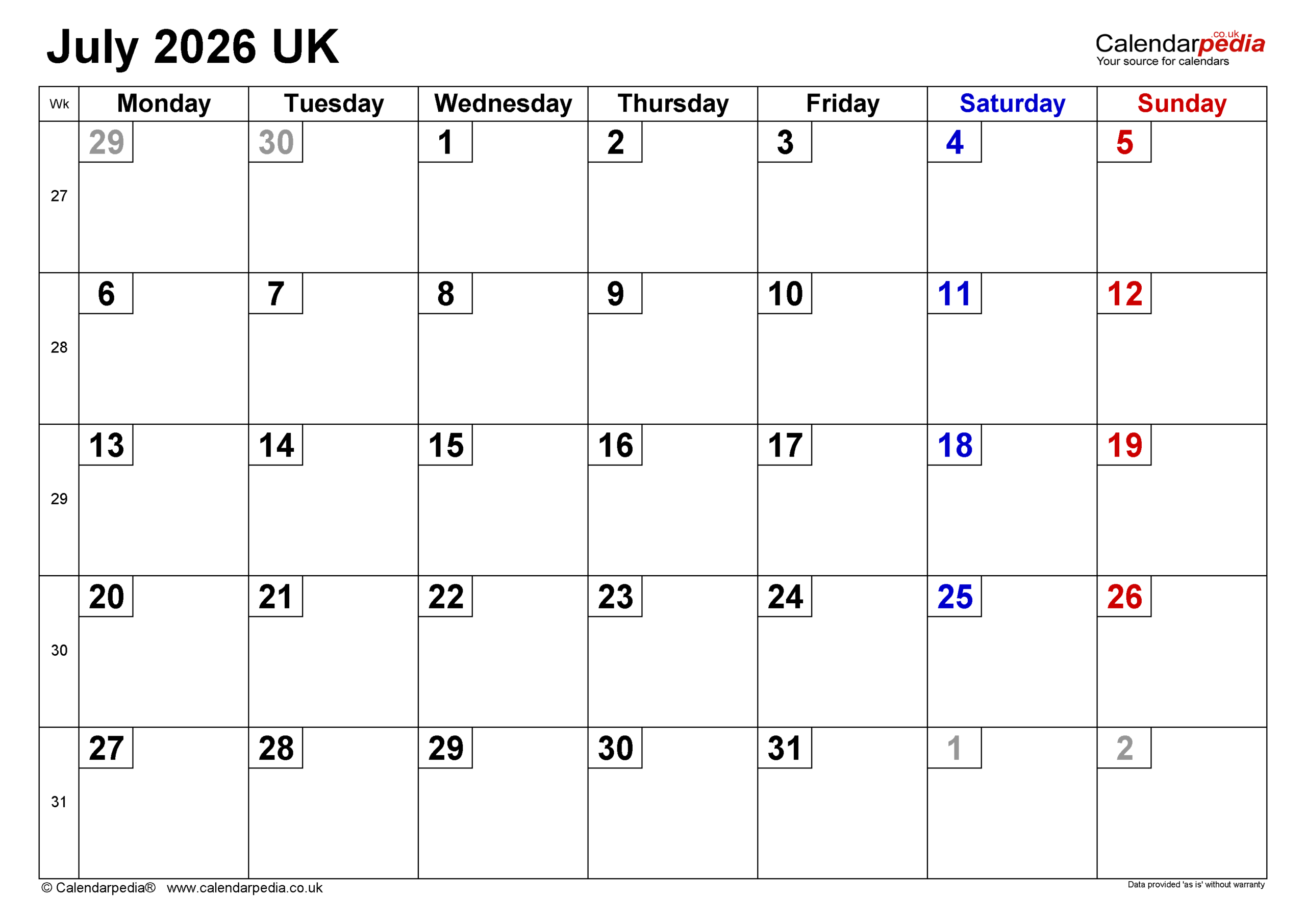 Calendar July 2026 UK With PDF Excel And Word Templates
