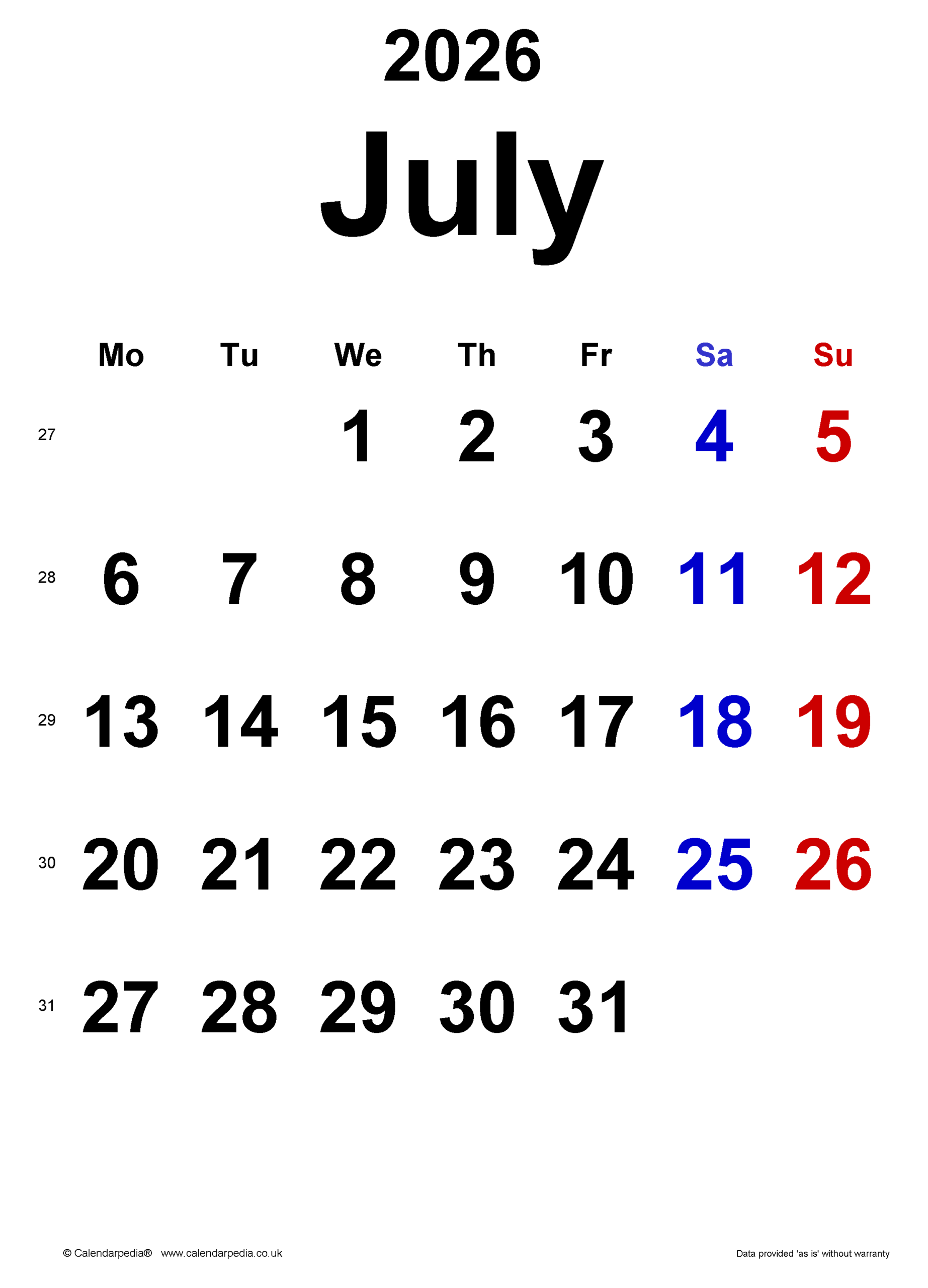 Calendar July 2026 UK With PDF Excel And Word Templates