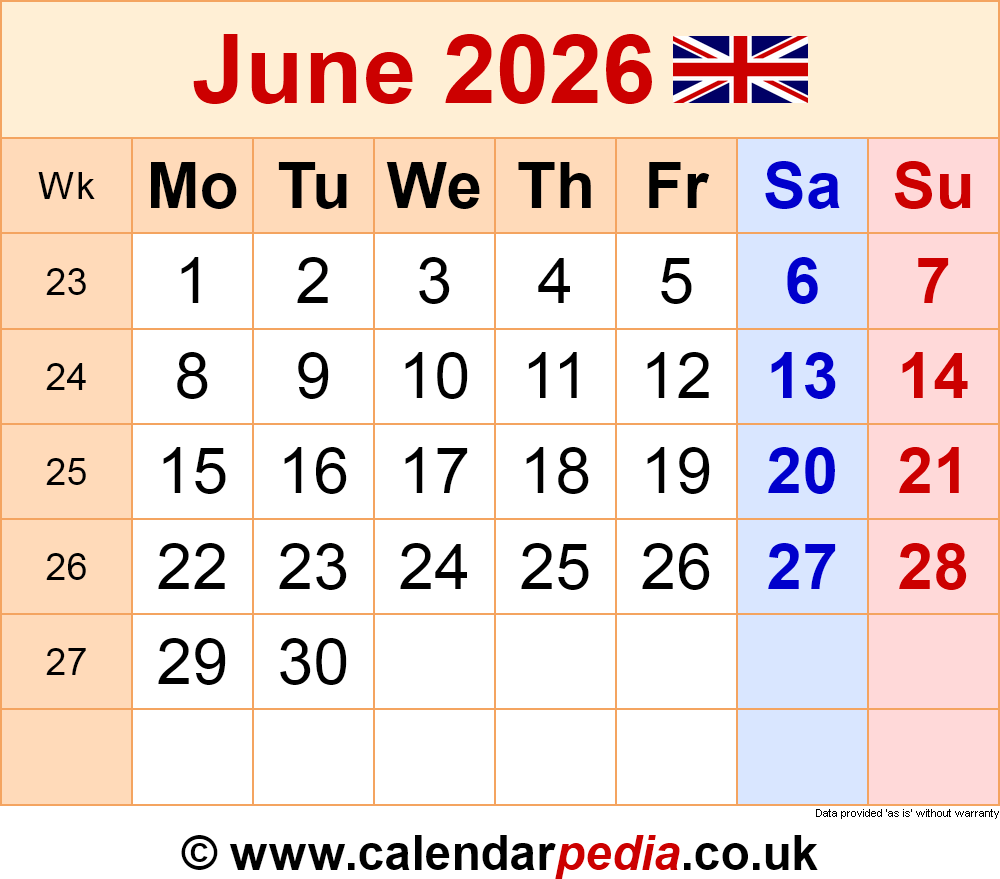 Printable Monthly Calendar June 2026