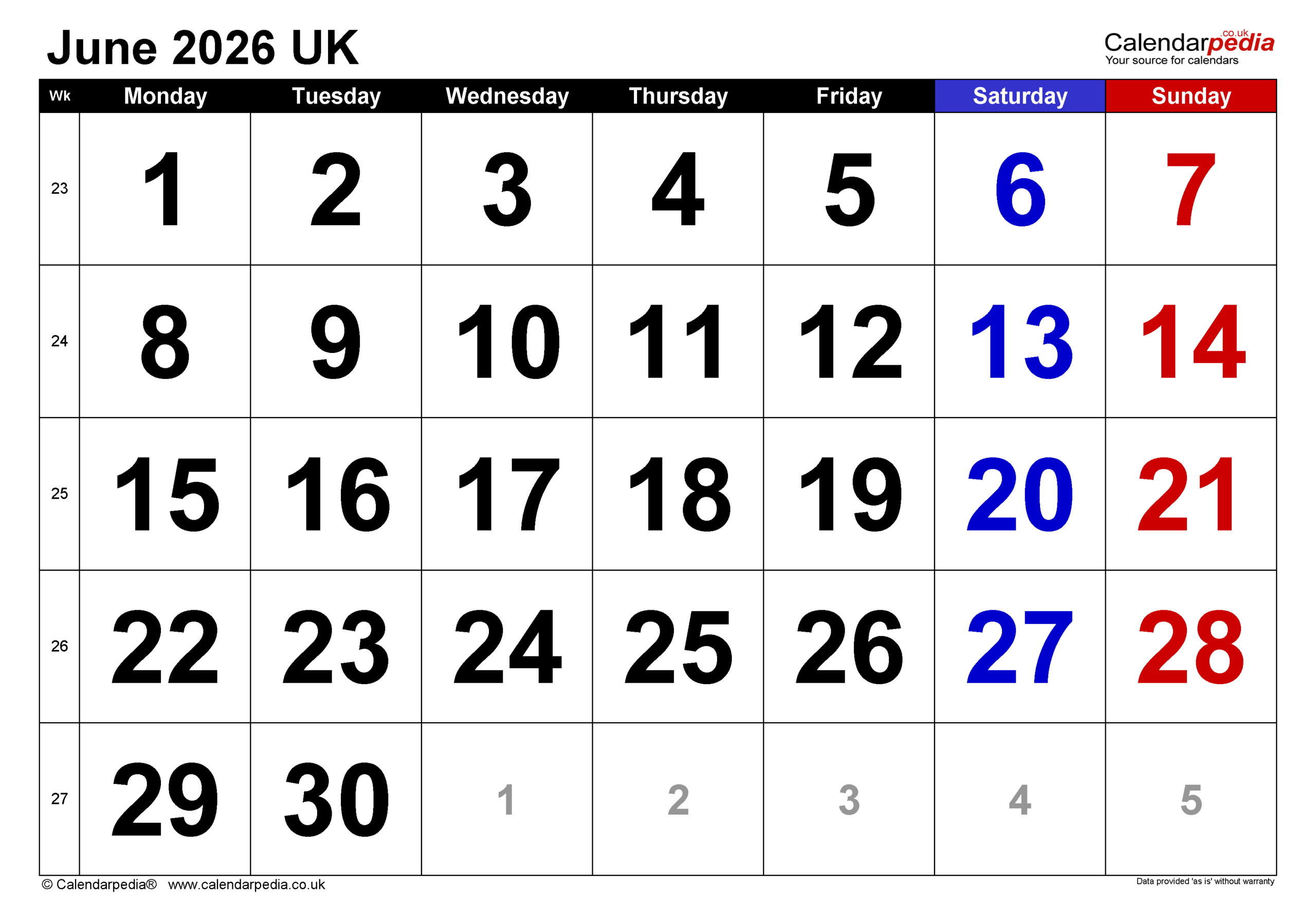 June Month Calendar 2026