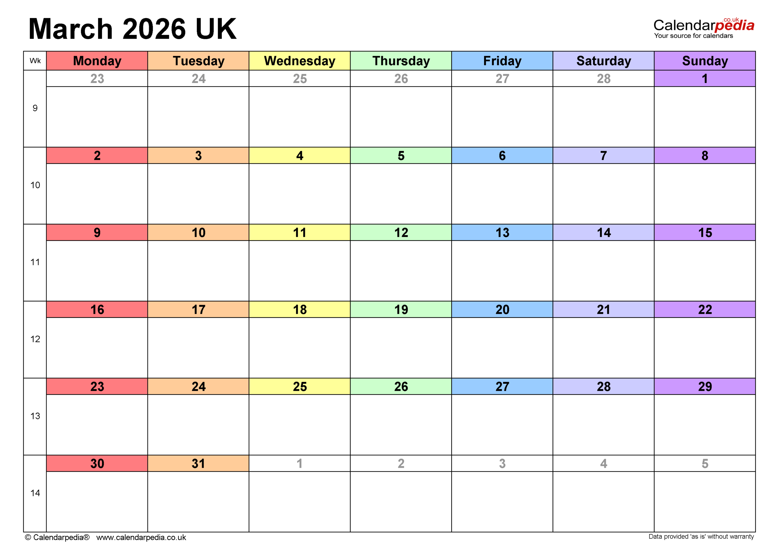 Blank Calendar Printable March 2026