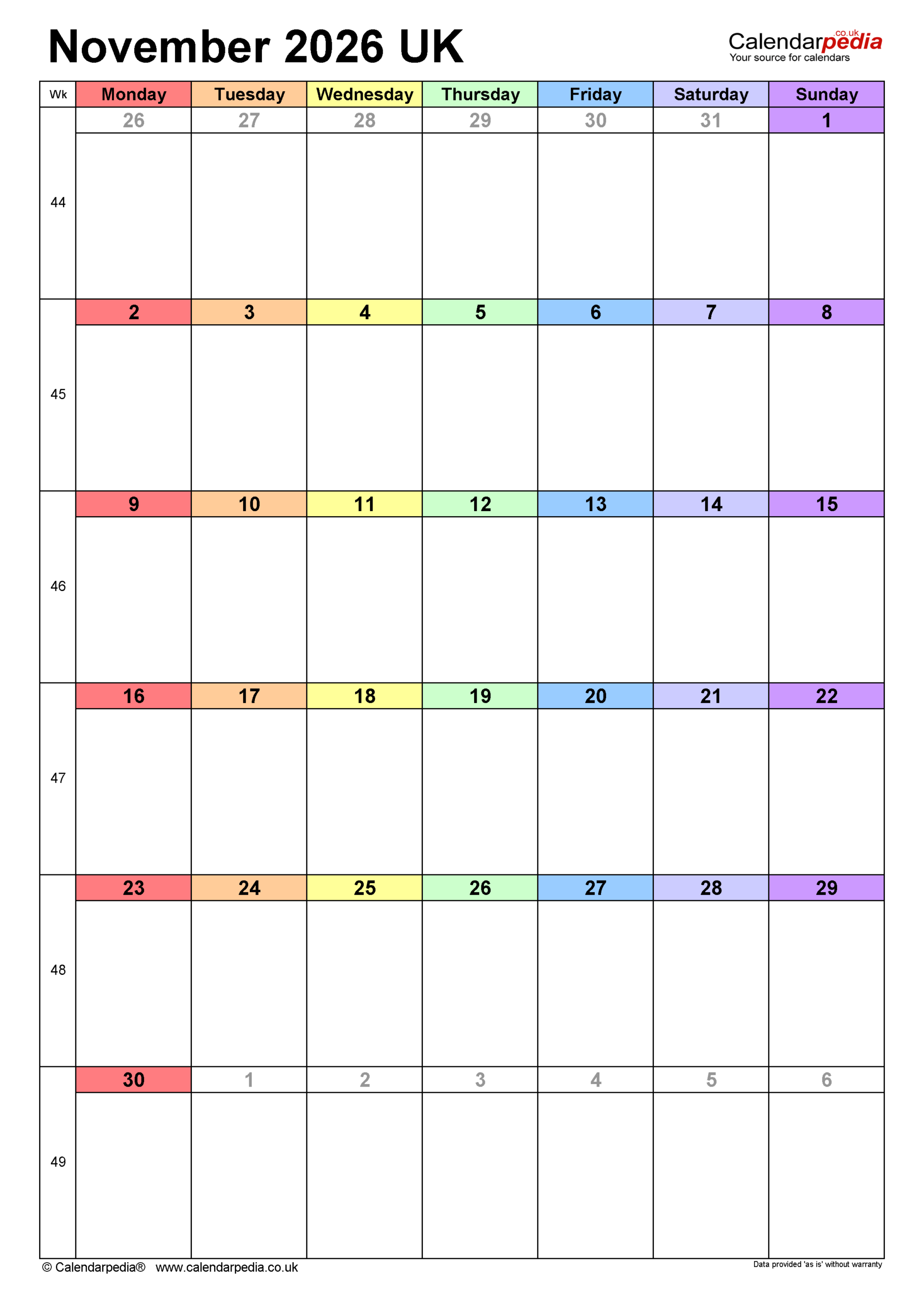 Printable Calendar November 2026 Uk