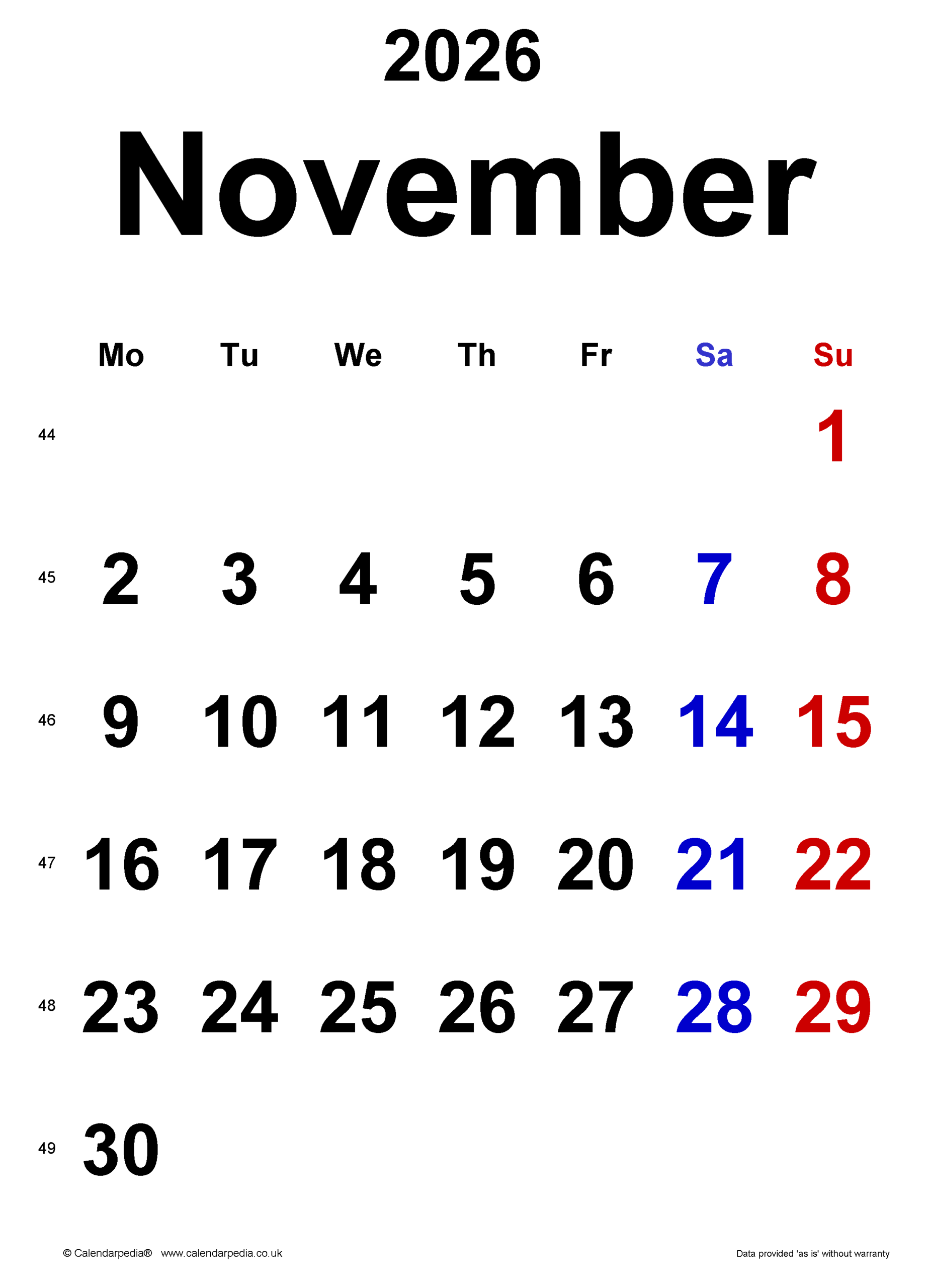 Calendar November 2026 UK With PDF Excel And Word Templates
