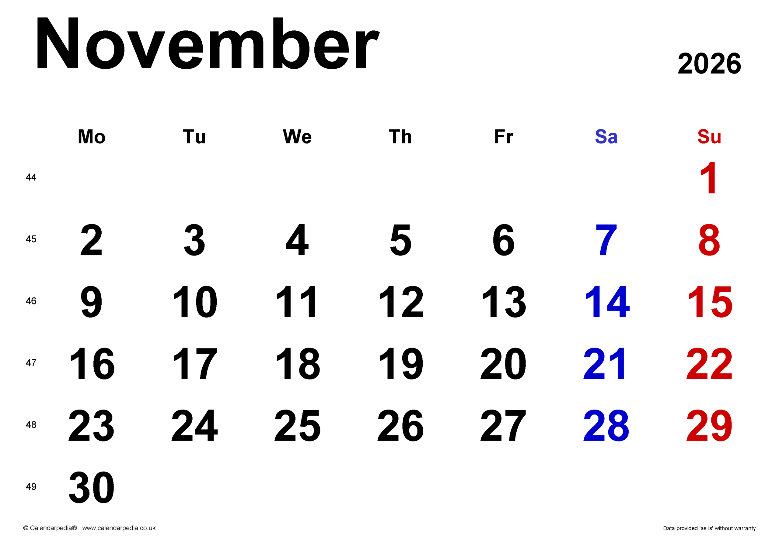 Calendar November 2026 UK With PDF Excel And Word Templates