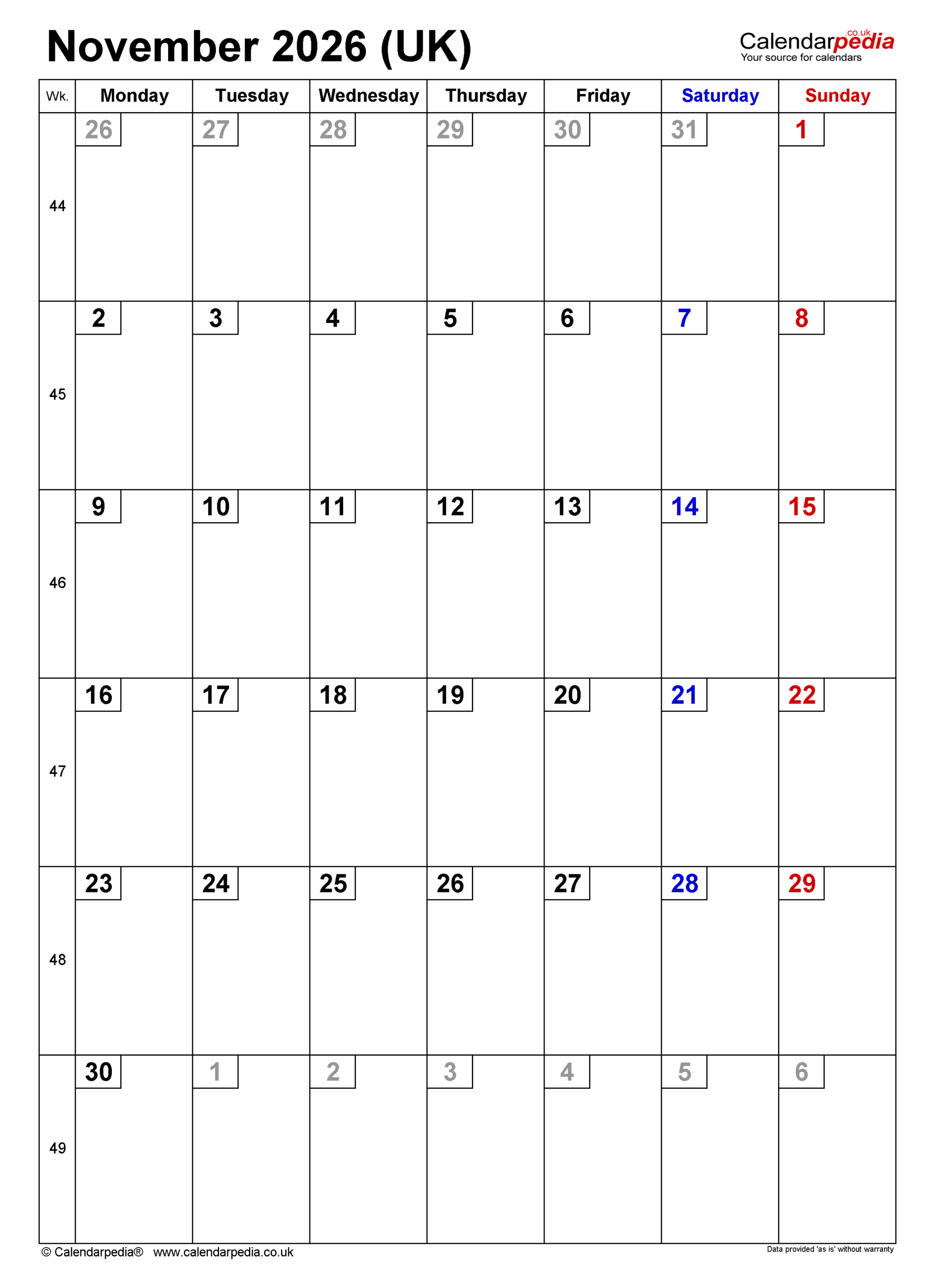 Calendar November 2026 UK With PDF Excel And Word Templates