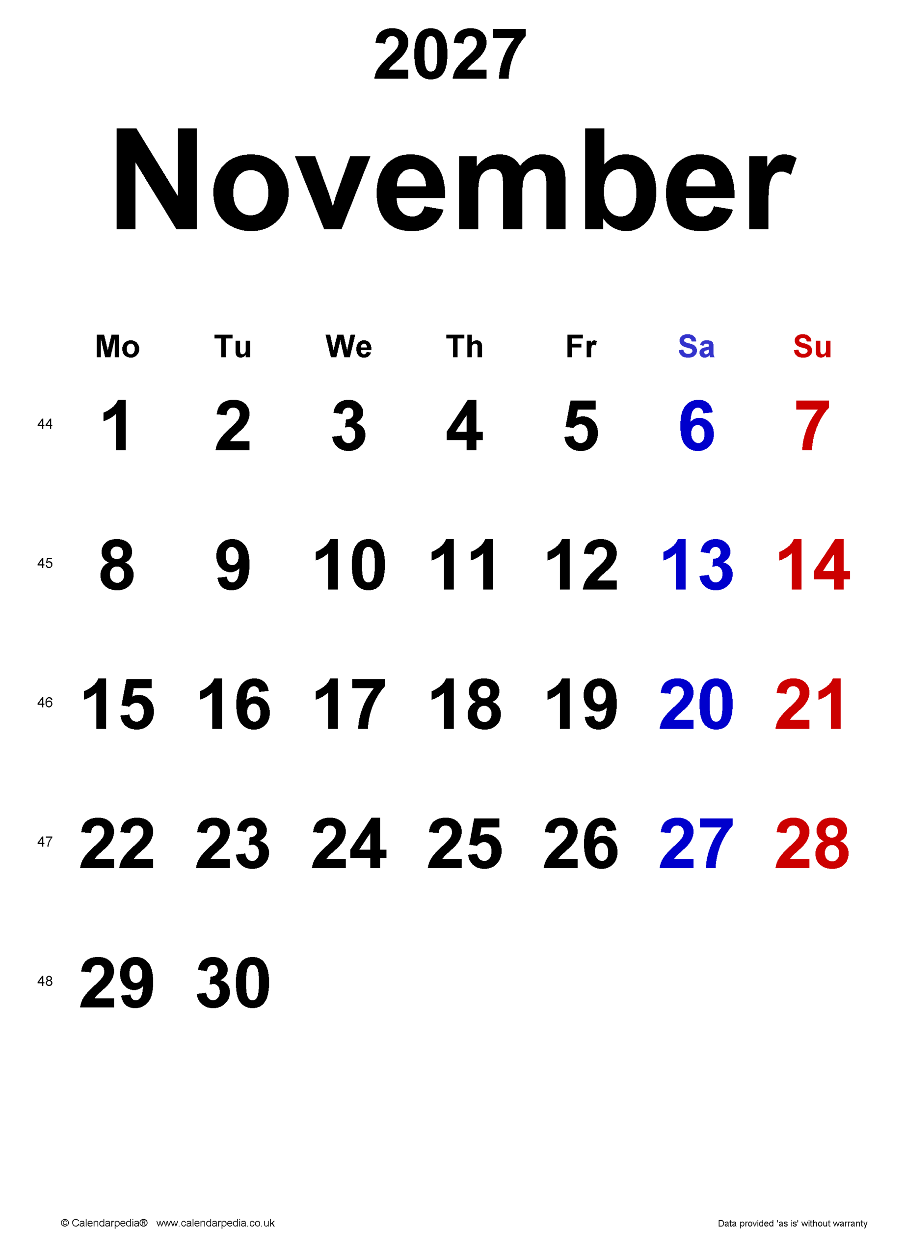 Calendar November 2027 UK With PDF Excel And Word Templates