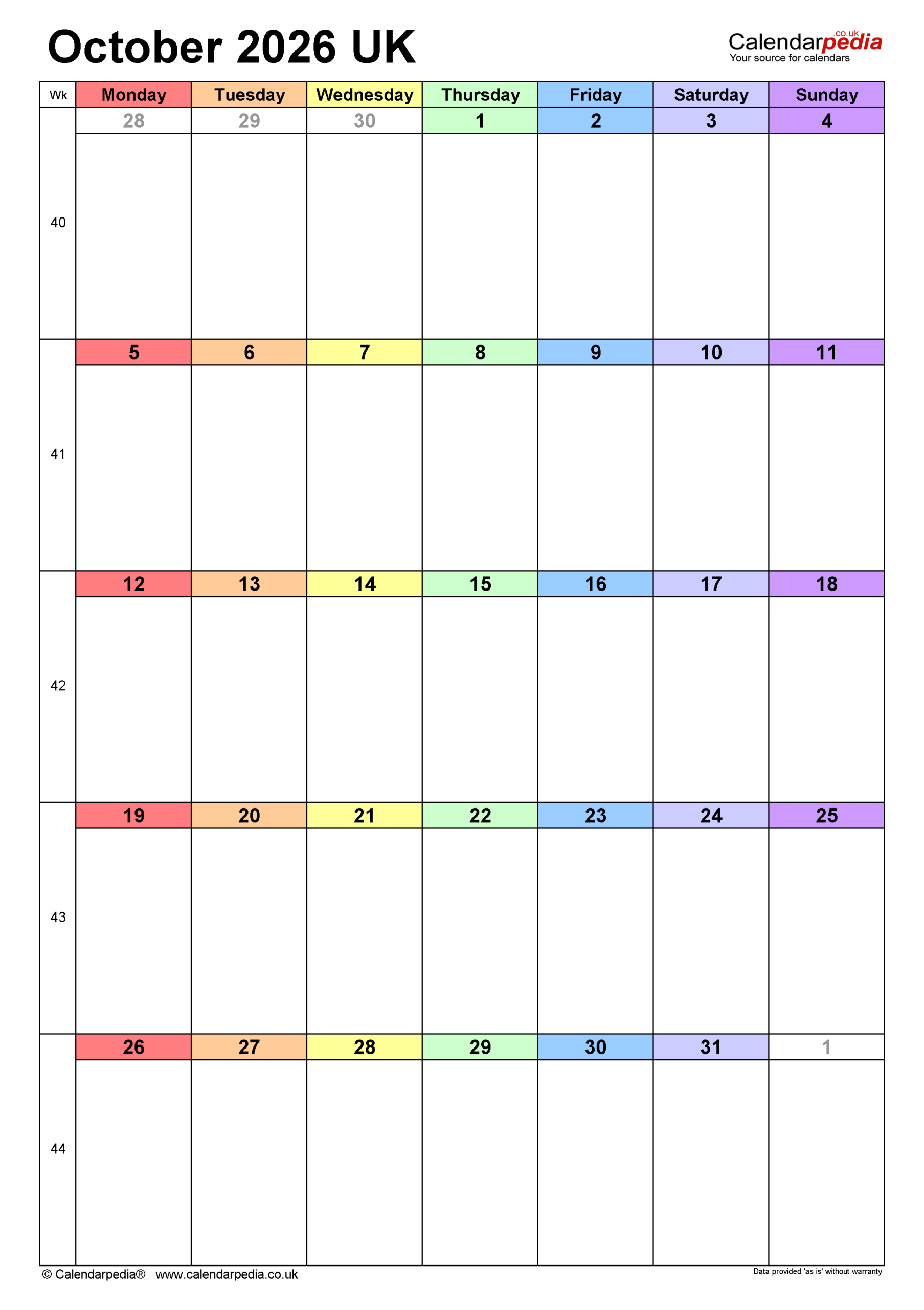 Calendar October 2026 UK With PDF Excel And Word Templates