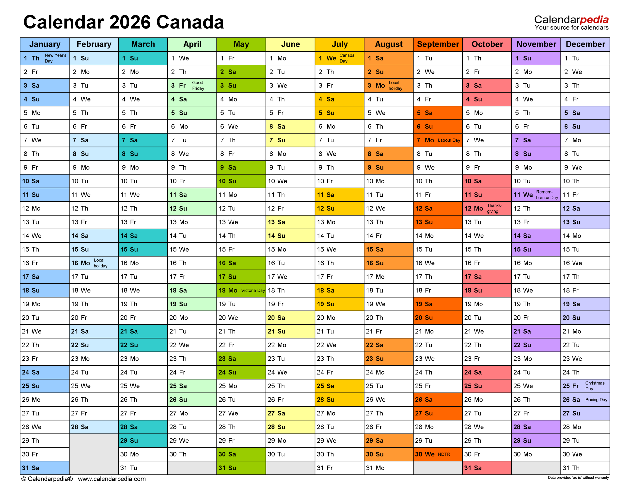 Printable December 2026 Calendar Canada