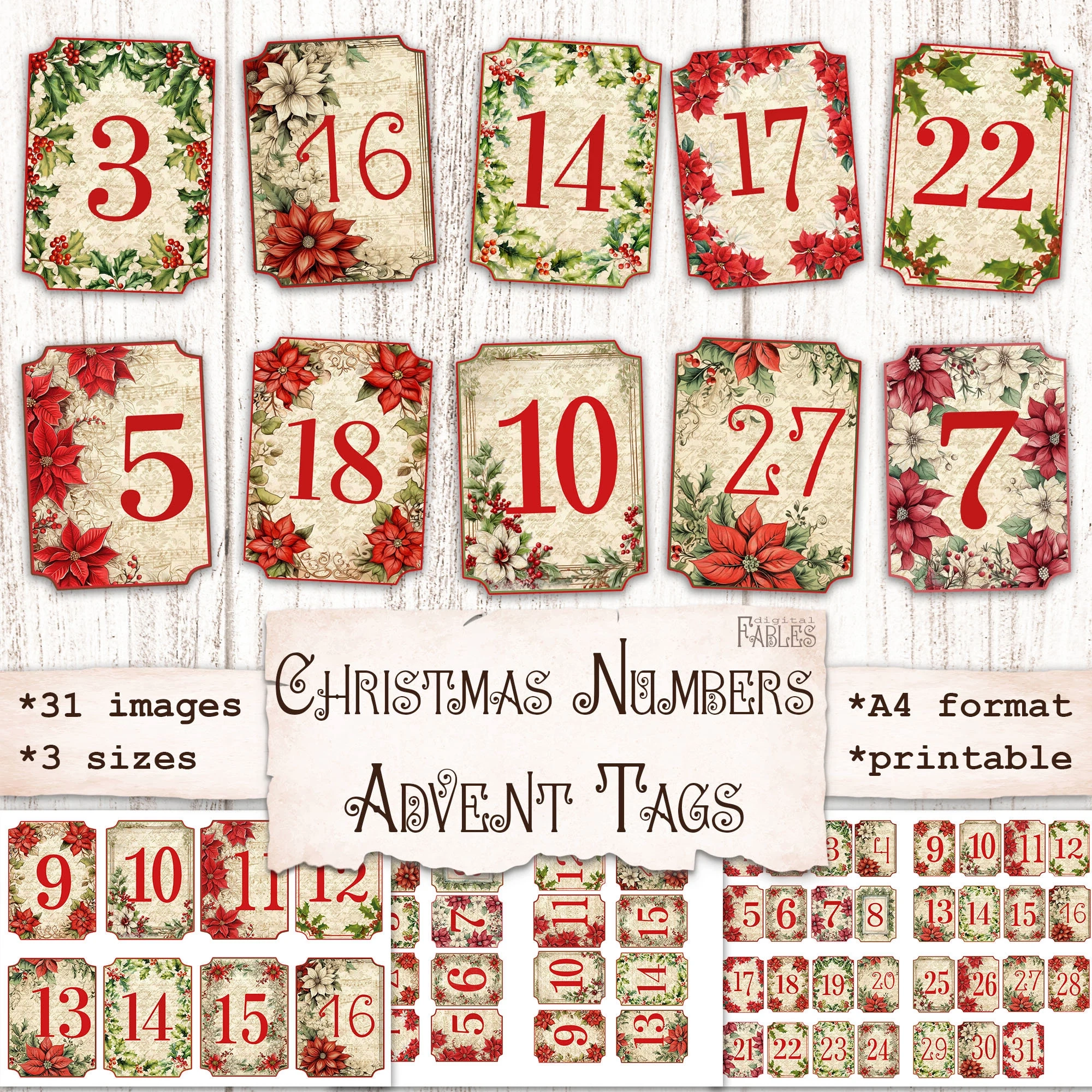 Christmas Numbers Advent Tags Printable Scrapbook Vintage 