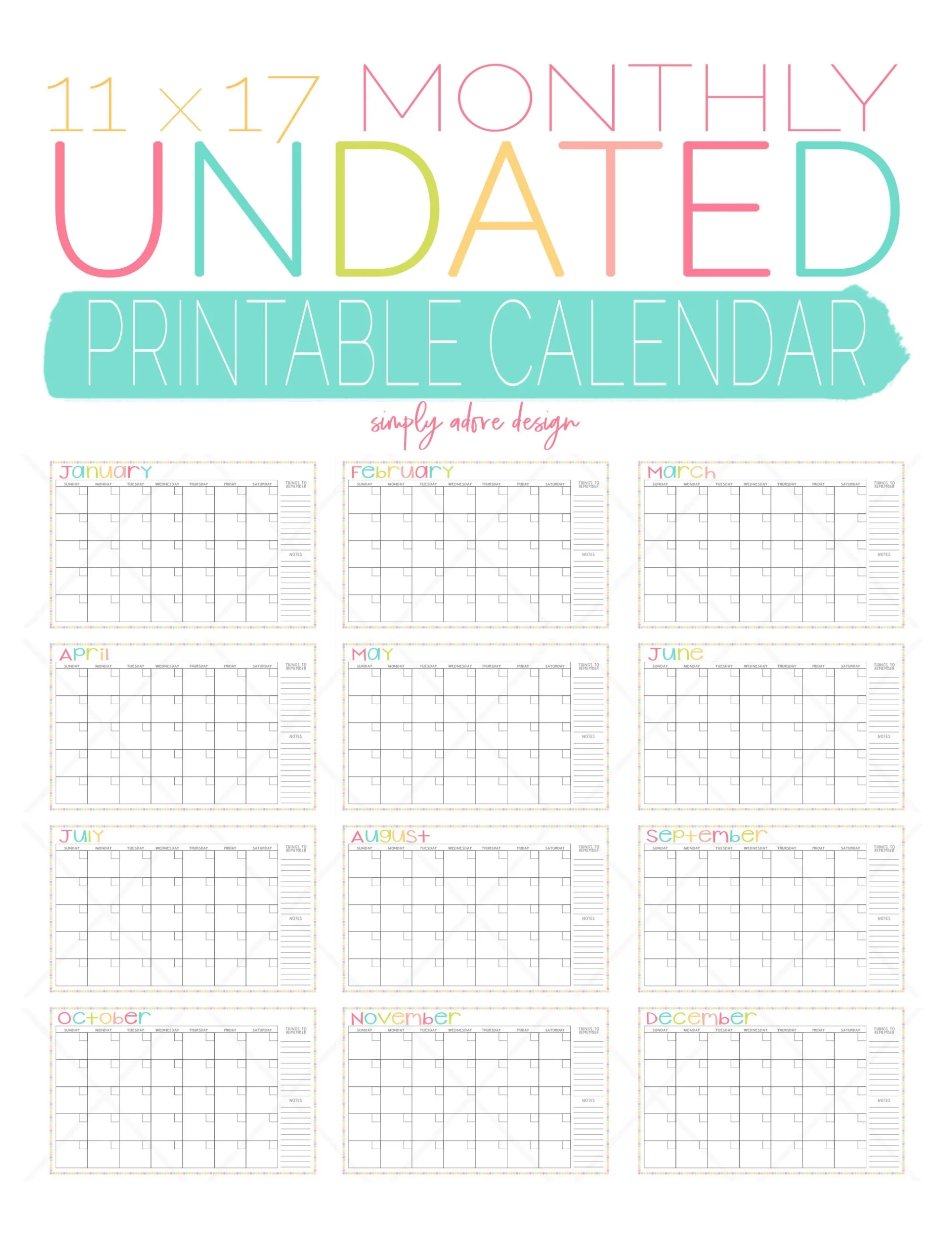 Colorful Monthly Calendar Template 11x17 Undated Printable 