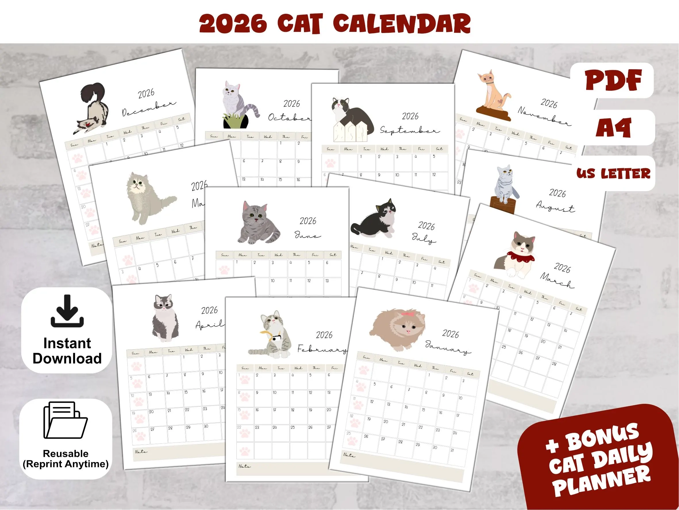 Cute Cat Calendar 2026 Printable Landscape PDF A4 amp Letter 