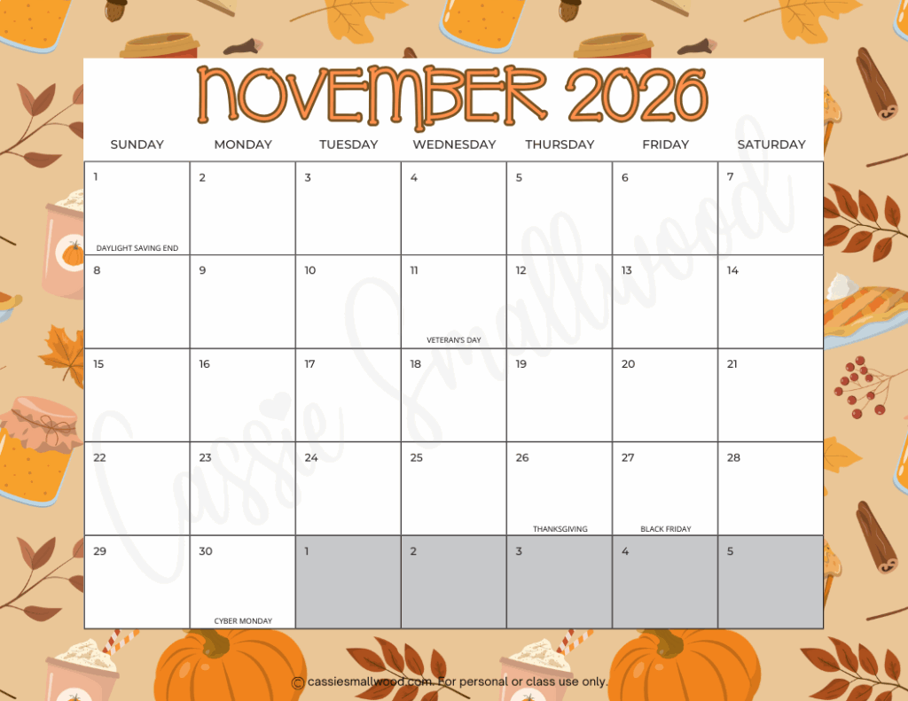 Printable Calendar November 2026 With Holidays