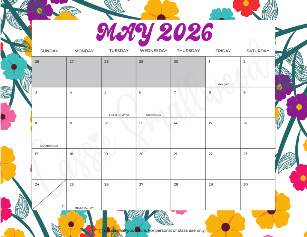 Cute Free Printable 2026 Monthly Calendar Blank amp With Holidays 