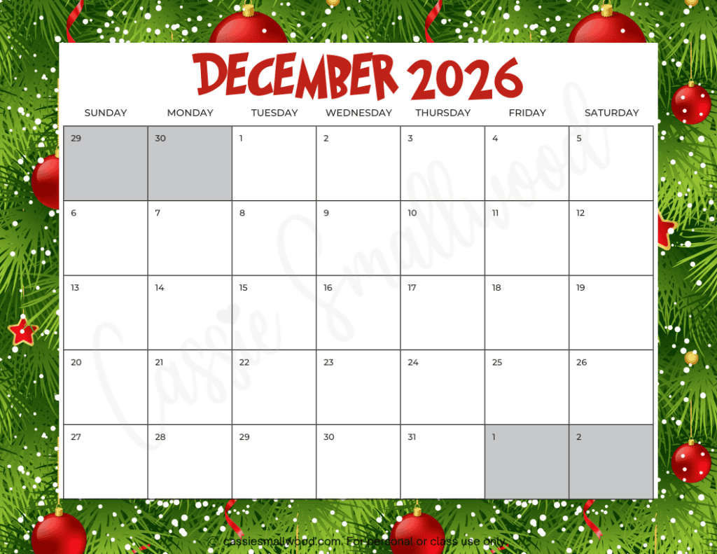 Printable December 2026 Calendar By Month
