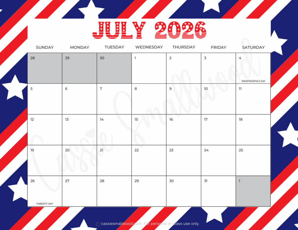 July 2026 Free Printable Calendar