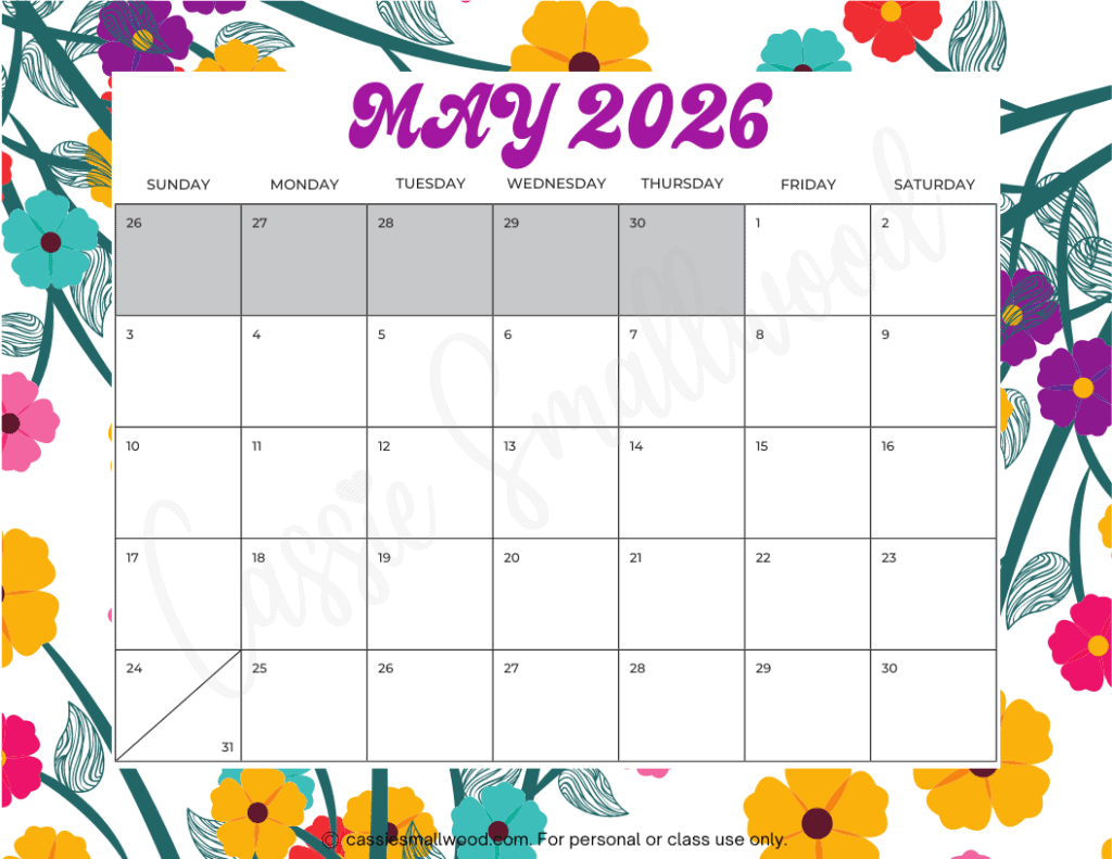 Cute Free Printable 2026 Monthly Calendar Blank amp With Holidays 