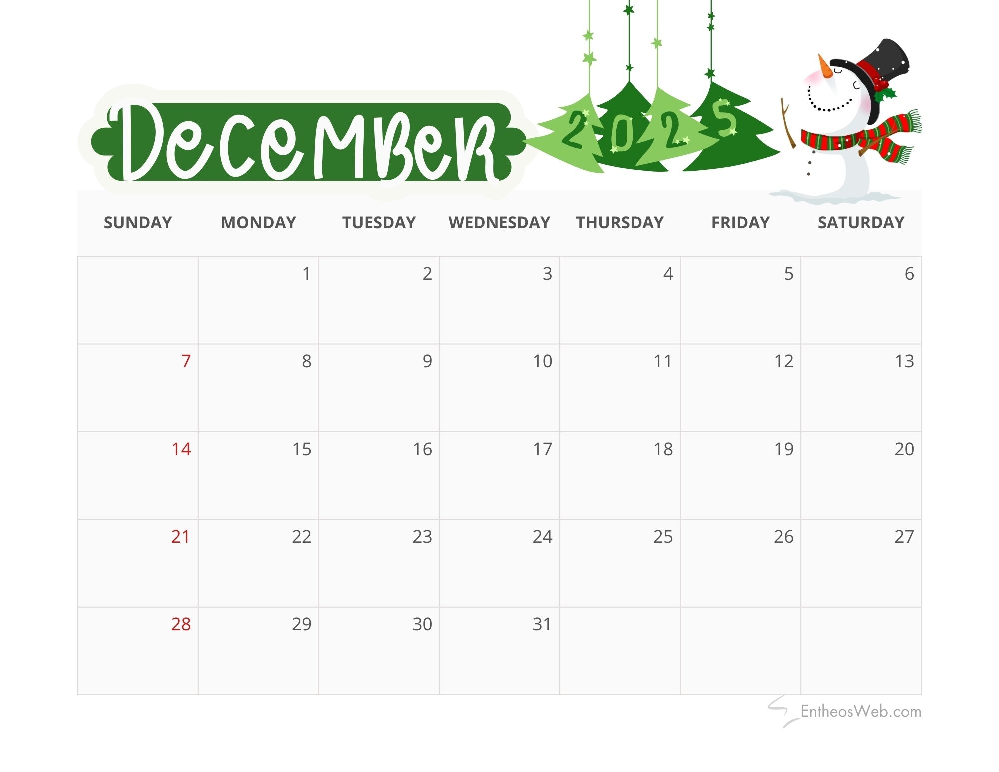 Cute Printable December 2025 Calendars EntheosWeb