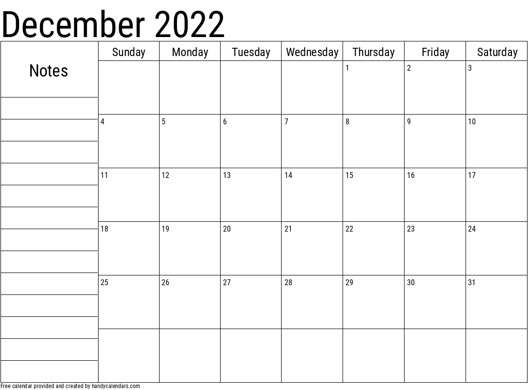 December 2022 Calendar With Notes Handy Calendars