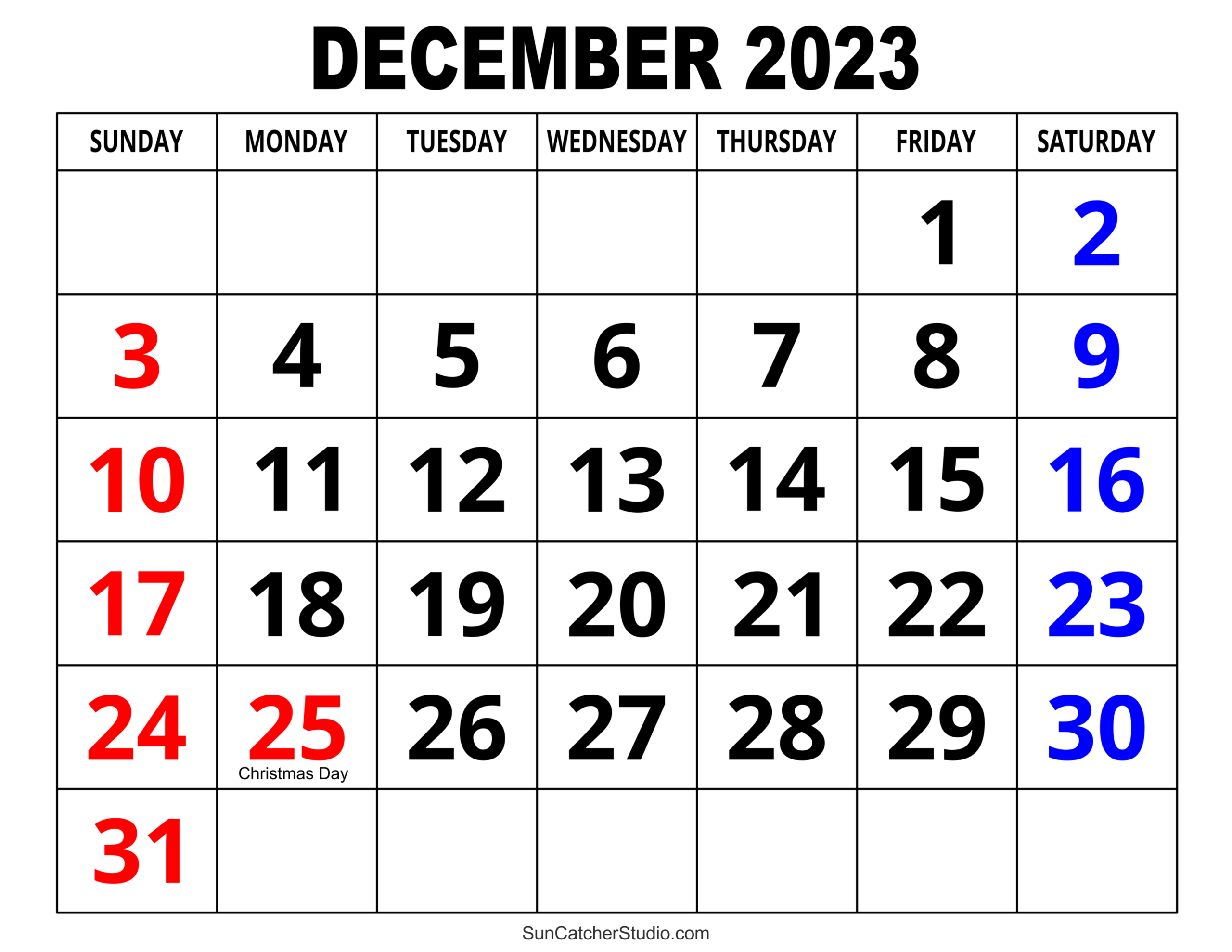 December 2023 Calendar Free Printable Free Printables 