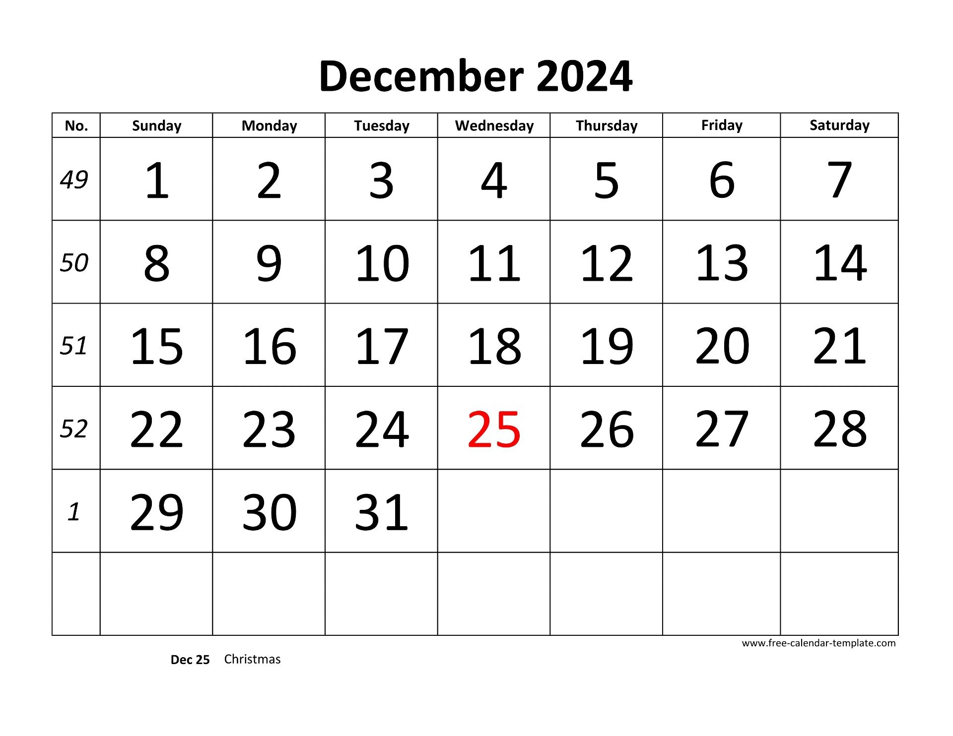 December 2024 Calendar Designed With Large Font horizontal 