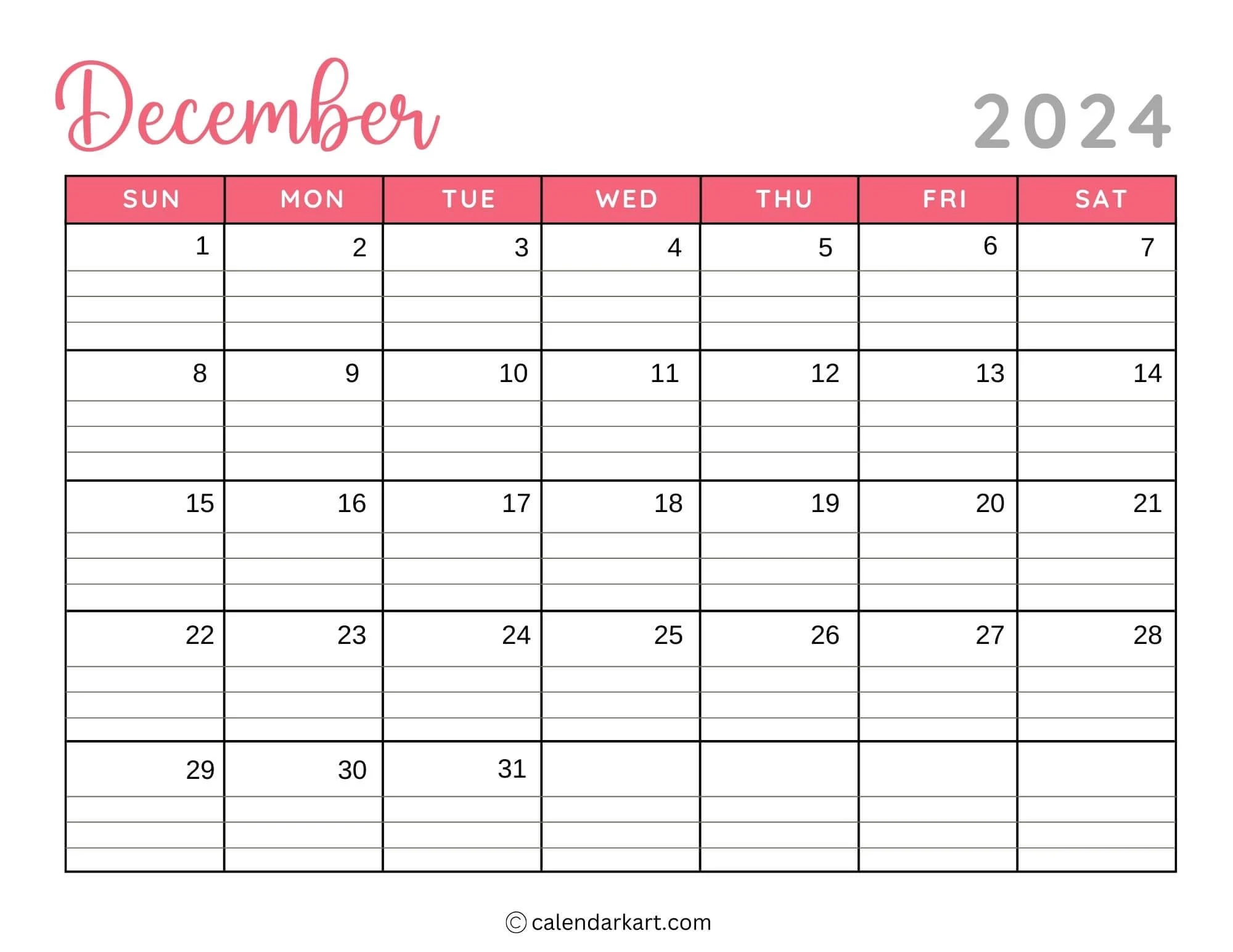 Printable December Calendar With Lines