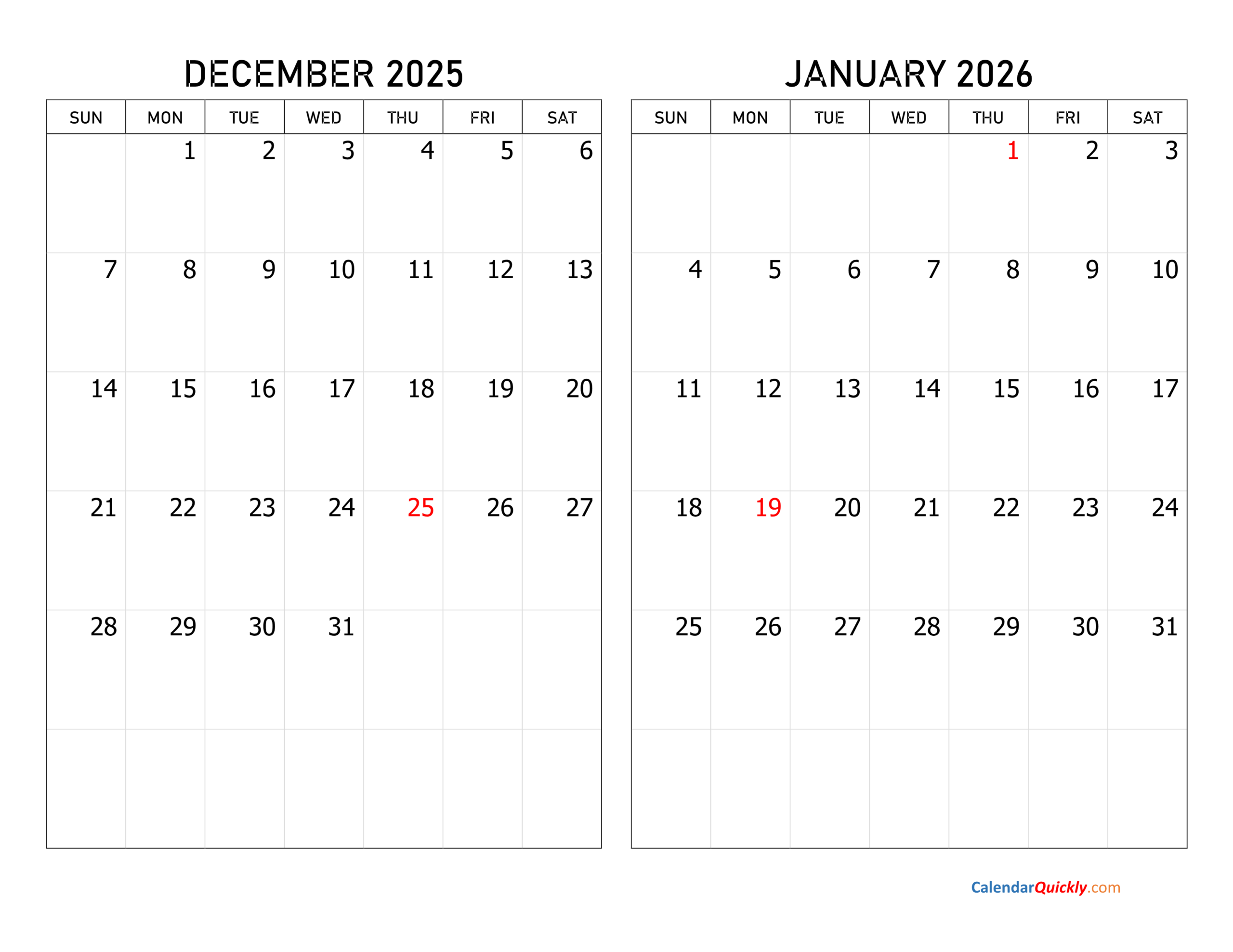 January December 2026 Printable Calendar